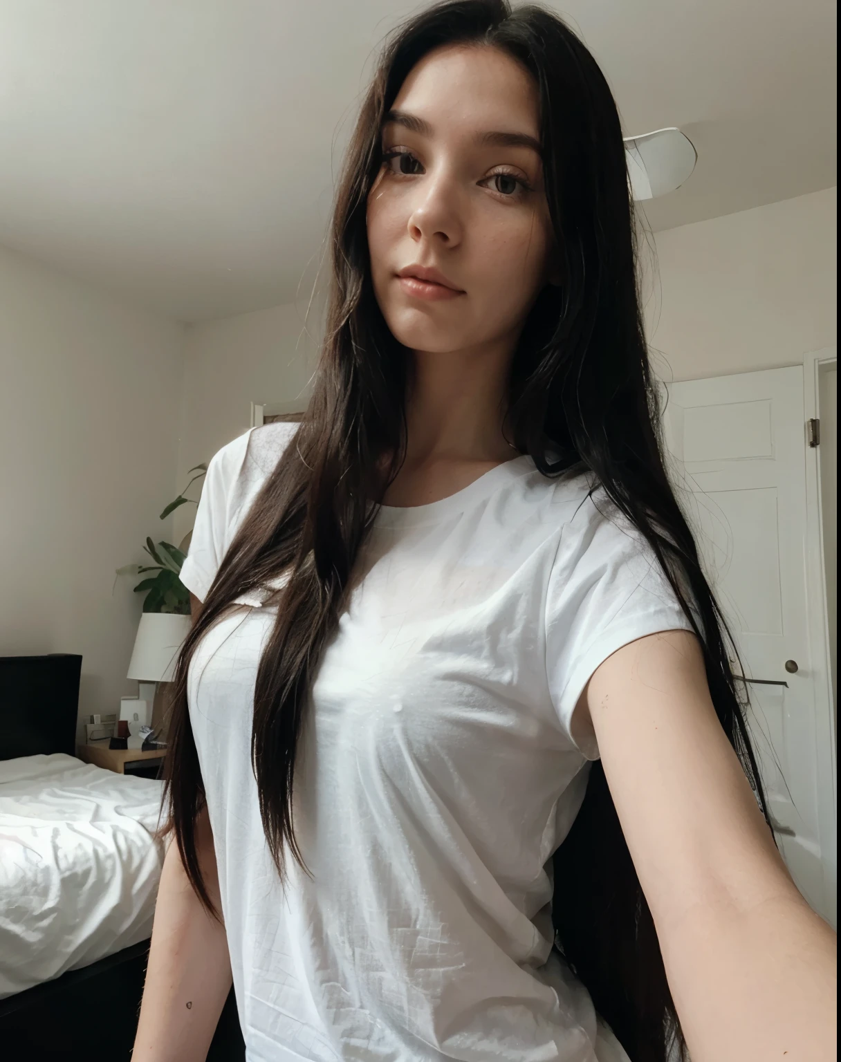 white woman with long black hair, extremely long hair, pocahontas hair, gaunt, pale skin. high angle casual selfie, arm reaching behind camera white tshirt, bedroom, cute