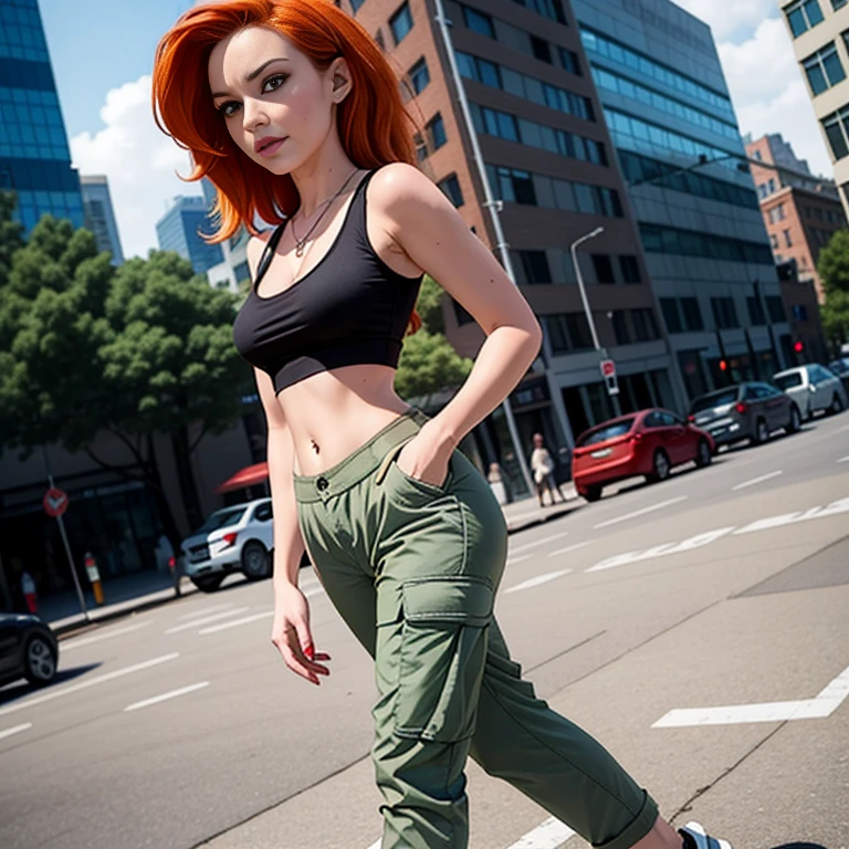 Masterpiece, best quality, detailed face, Kim Possible, black tank top, midriff, cleavage, walking, cargo pants, black shoes, red hair, looking at viewer, sexy smirk, in a city