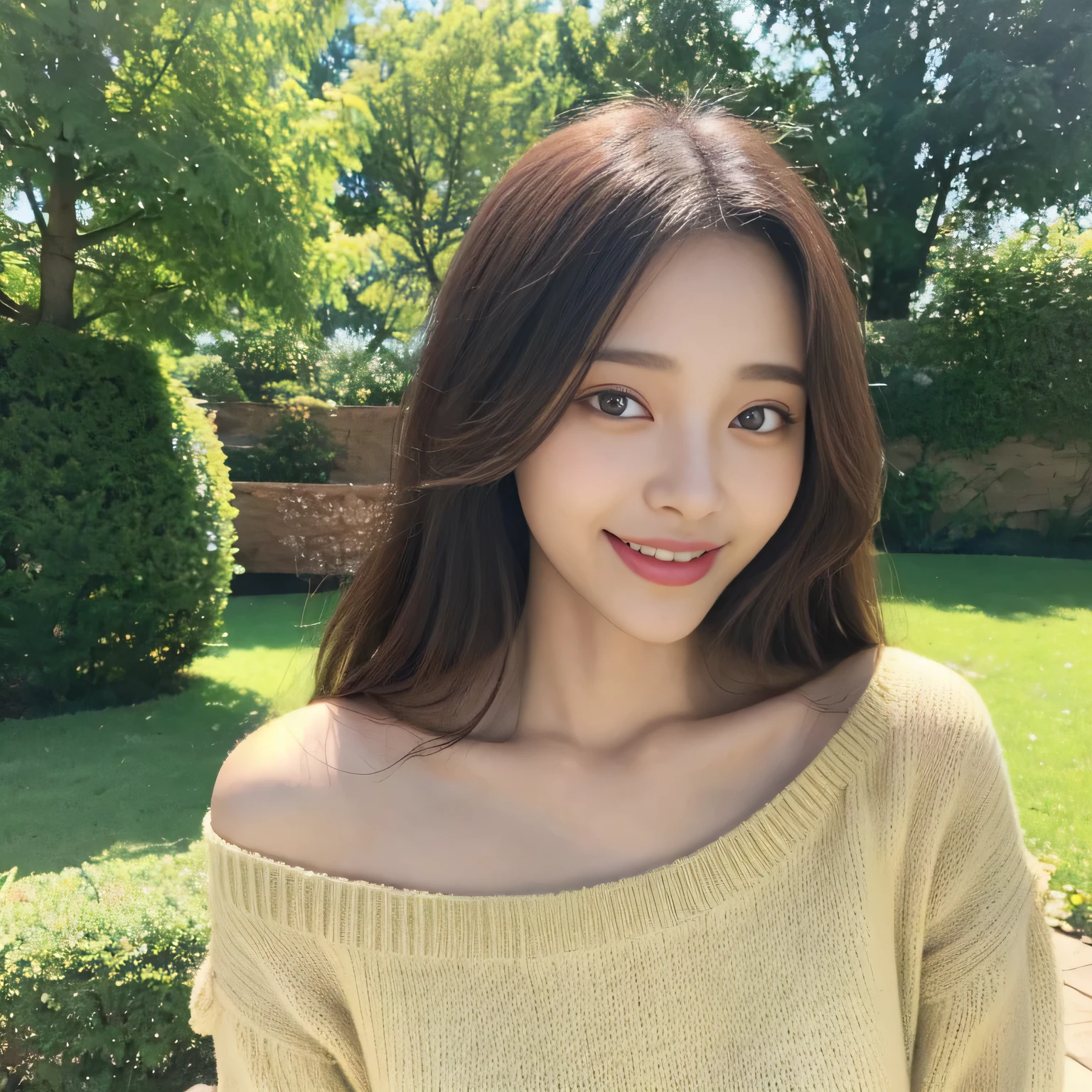 ((highest quality, 8K, masterpiece:1.3)), concentrated:1.2, perfect body beauty:1.4, buttocks:1.2, ((delicate hair)), (Brightly colored V-neck drop-shoulder sweater dress、 :1.1) , ((highest quality、8K、masterpiece:1.3))、1 girl、A sloppy smile、Full body Esbian、slim face、big 、Beautiful woman、(dark brown hair)、Flickering Valley、detailed eyes、double eyelid、blurred background、超slim face、look down、garden、