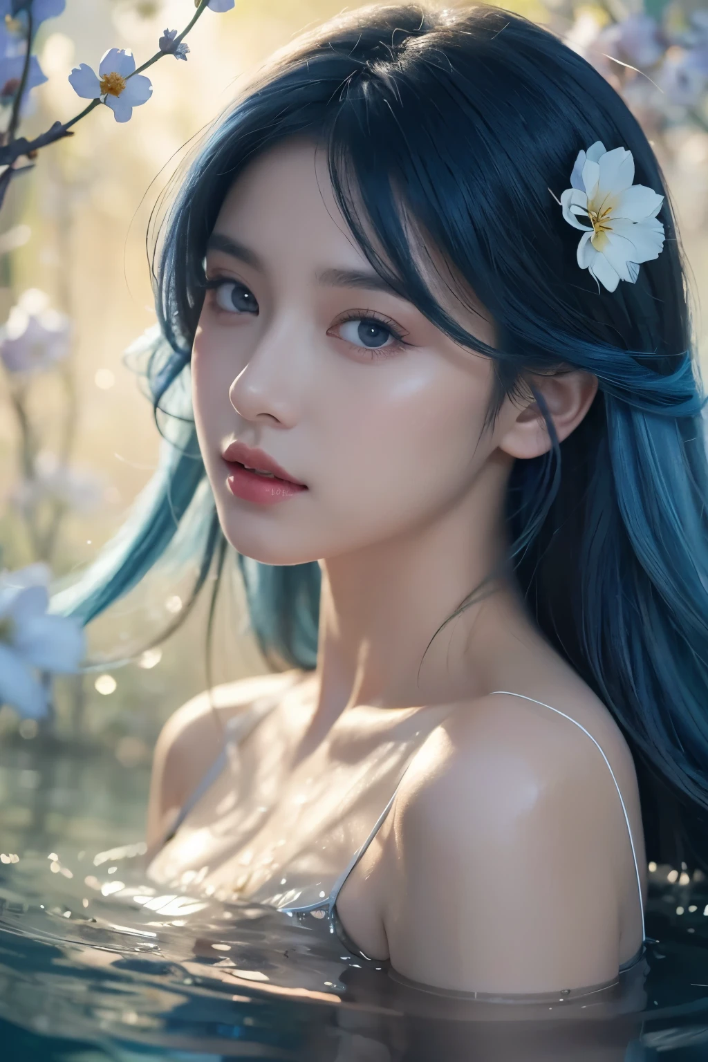 beauty with blue hair and flowers floating in water, beautiful beauty, beautiful digital illustration, beautiful artwork illustration, beautiful digital artwork, beautiful gorgeous digital art, beautiful digital art, asian female water element, gorgeous digital art, very beautiful digital art, close up fantasy with water magic, beautiful fantasy art, beautiful digital painting, beautiful digital illustration, gorgeous digital painting
