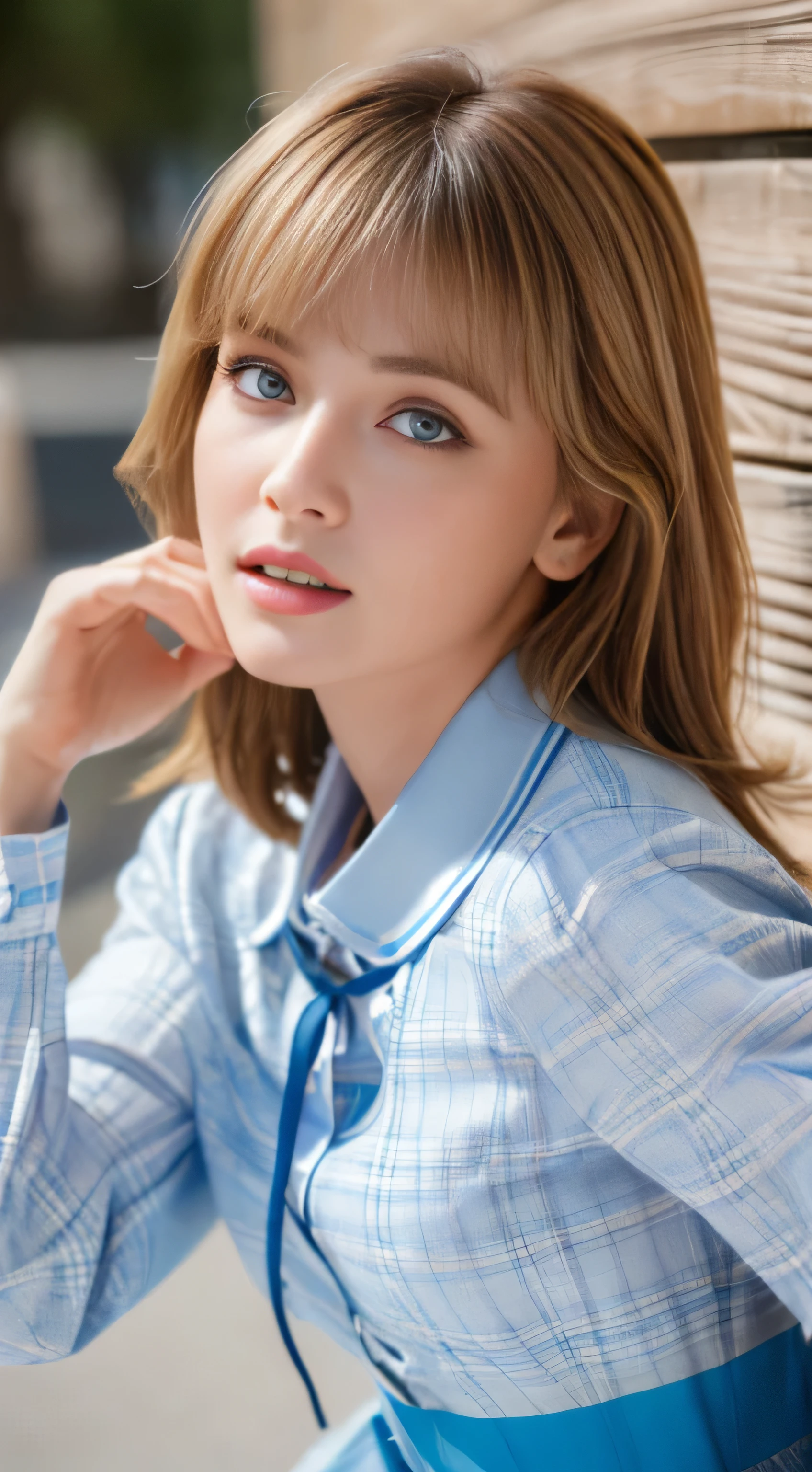 ((highest quality, 4k, masterpiece: 1.3)), beautiful woman with perfect figure: 1.4, (abs, developed hand muscles: 1.2), light brown hair, Highlighted Hair、wearing White collar shirt、Light blue plaid pleated skirt, Highly detailed face and skin texture, detailed eye, double eyelid