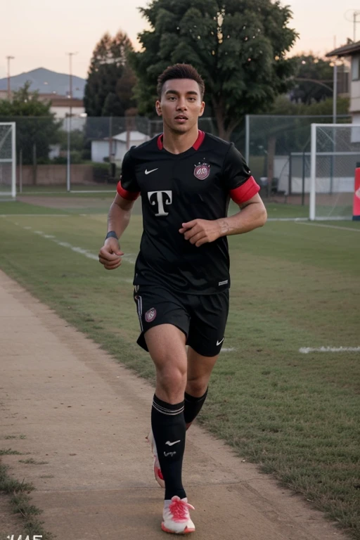 1 jovem, jogador de futebol, campo a noite, uniforme do bayern preto, cabelo cortado socialmente, pele parda, altura de 180 cm, correndo, chutando.