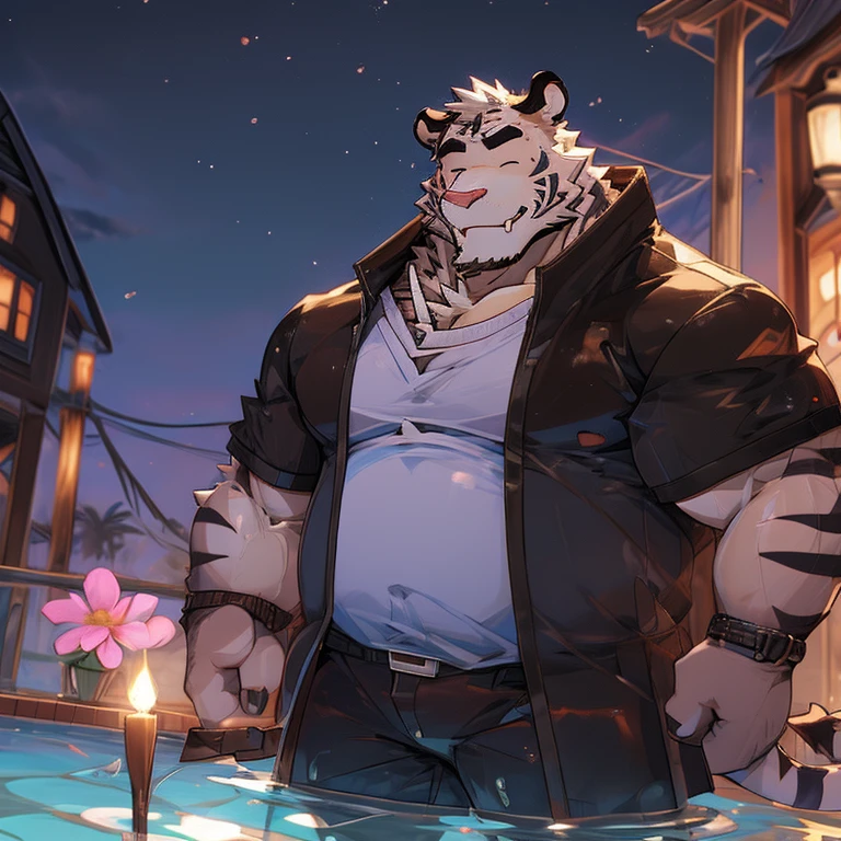 alone, smile, short hair, shirt, navel, animal ears, flower, male focus, open clothing, shorts, water, stomach, tree, open shirt, muscular, scar, sunglasses, pecs, muscular male, red shirt bara, belly, big pecs, chubby, eye scar, face scar, furry, hairy male, hawaiian shirt, male swimsuit, palm tree, scar on arm, tiger, tiger ears, wading, white fur , flower necklace,eyes closed, 