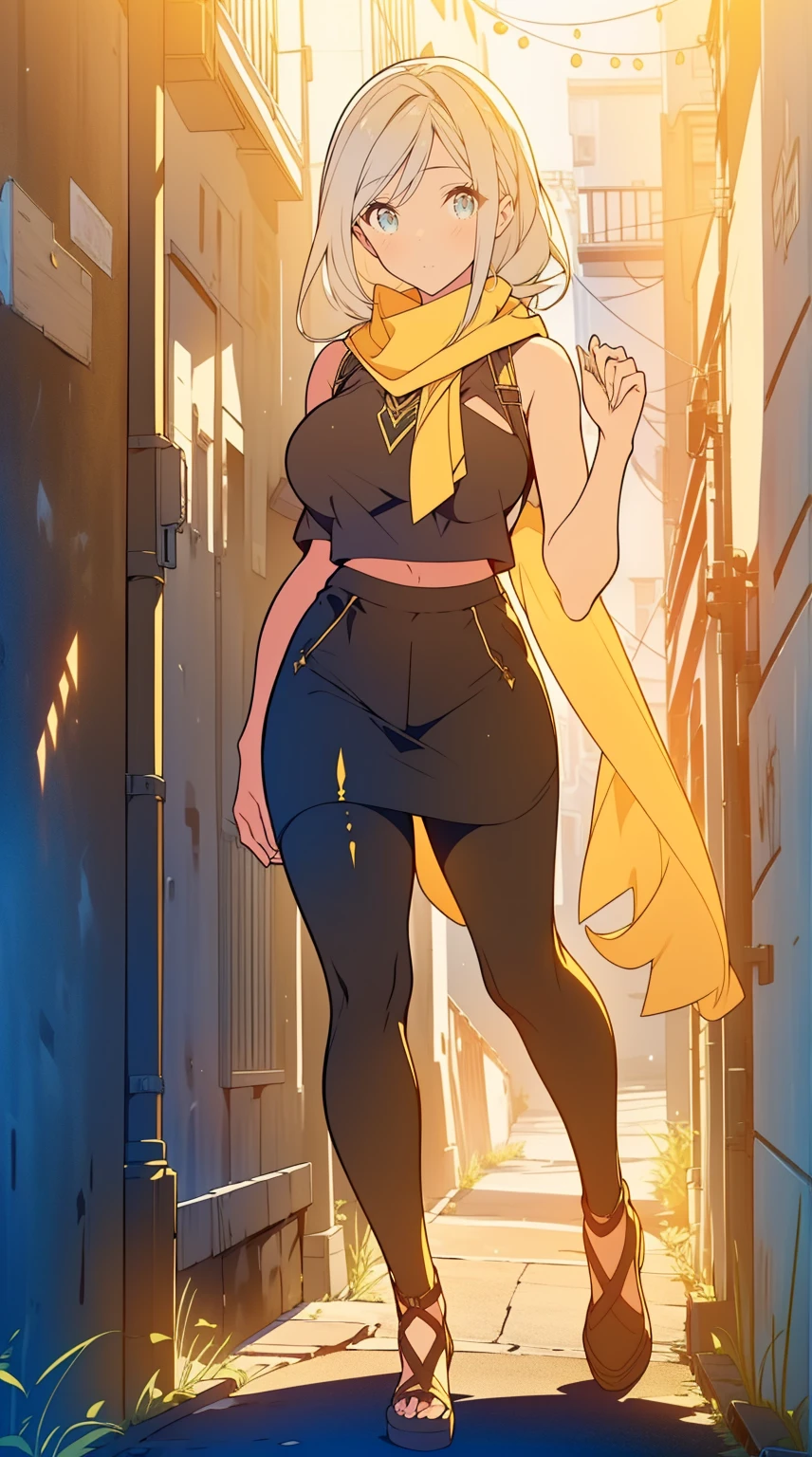 1 garota,20s,mulher madura,cabelo longo, cabelo branco,cabelo encaracolado,olhos amarelos,(cara de bravo), medium breasts,mostrar barriga,decote,chifres,orelhas de elfo,((yellow scarf)),(((walking in an alley of a city at noite,noite))),tiro de vaqueiro,de frente,(camiseta preta,black pencil skirt,Black leather pants),
