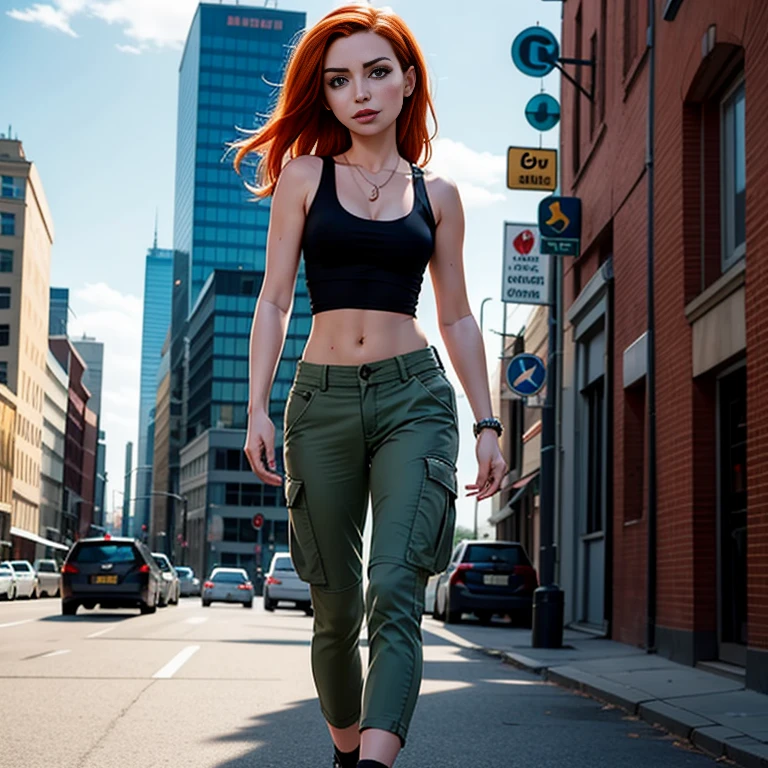 Masterpiece, best quality, detailed face, Kim Possible, black tank top, midriff, cleavage, walking, cargo pants, black shoes, red hair, looking at viewer, sexy smirk, in a city