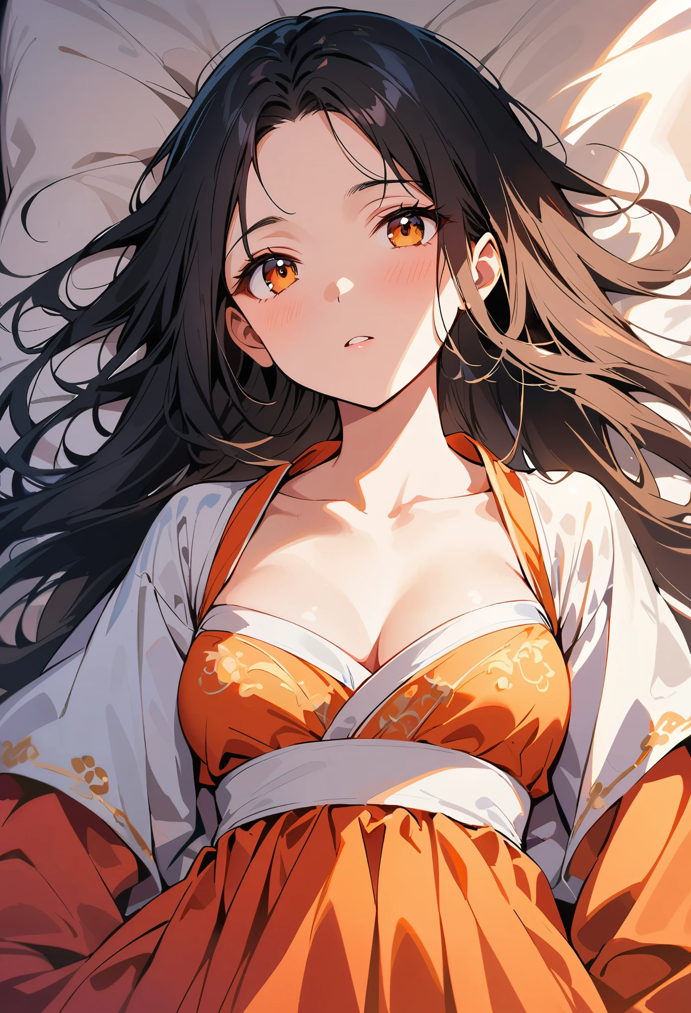A beautiful Chinese woman, dressed in Hanfu and wearing an orange red embroidered dress with long black hair, lies on the bed facing up to the camera. She has exquisite facial features, delicate skin texture, high-definition photography with soft lighting and soft tones. in the style of soft tones.