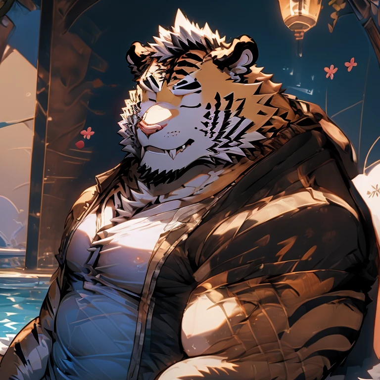 alone, smile, short hair, shirt, navel, animal ears, flower, male focus, open clothing, shorts, water, stomach, tree, open shirt, muscular, scar, sunglasses, pecs, muscular male, red shirt bara, belly, big pecs, chubby, eye scar, face scar, furry, hairy male, hawaiian shirt, male swimsuit, palm tree, scar on arm, tiger, tiger ears, wading, white fur , flower necklace, ,eyes closed, 