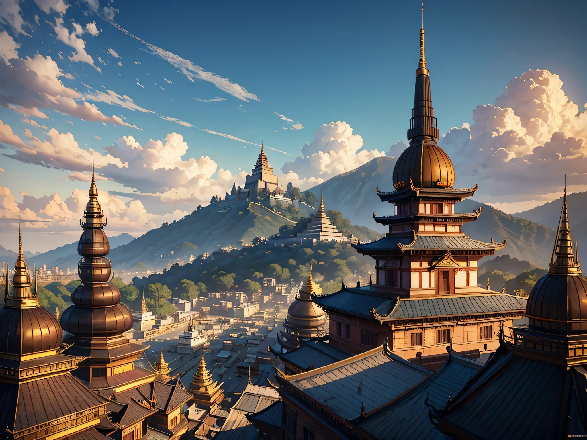 there are monkeys sitting on the ledge of a building looking at the view of Swayambhunath Stupa, a detailed matte painting by Johfra Bosschart, cgsociety contest winner, fantasy art, digital painting of a pagoda, temple background, highly realistic concept art, 3 d render and matte painting, matte painting ”, matte painting”, illustration matte painting, surreal matte painting, highly detailed matte painting