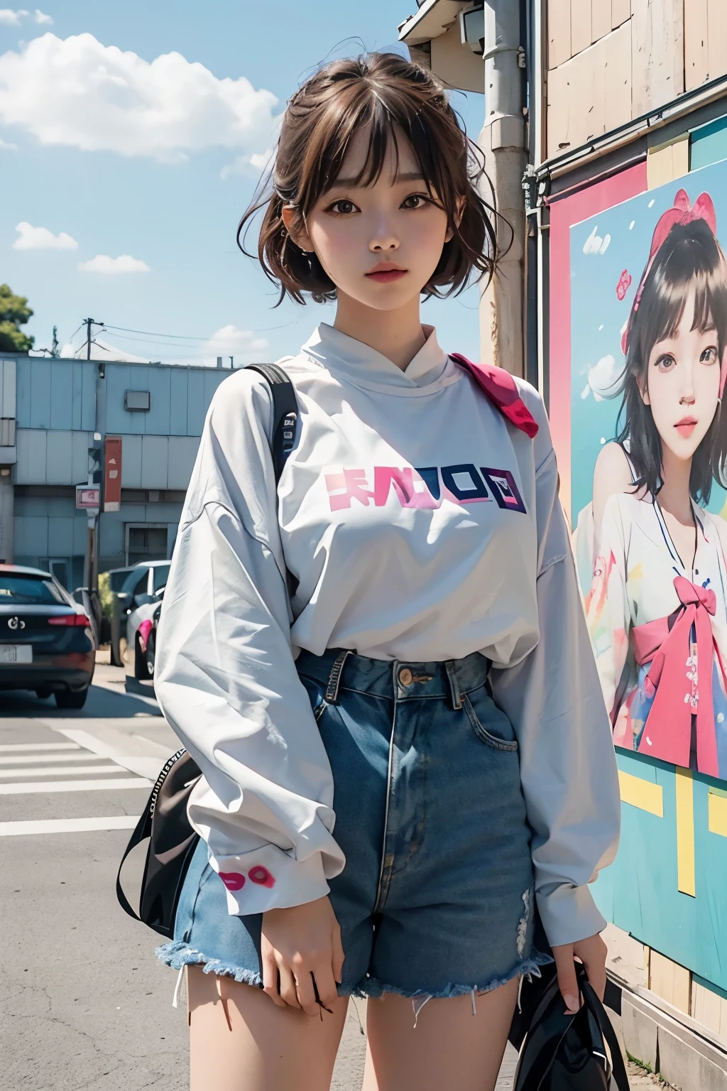 Arapé girl wearing multi-colored casual clothes in front of a colorful background, official artwork, still promotion, official art, Photo shoot, Promotional photos, Aya Takano Color Style, Chiho, Promotional art, promo shot, colorful photos, promo still, Promotional images, Photo shoot, best artist, Portrait of Korean twenties, random pose,