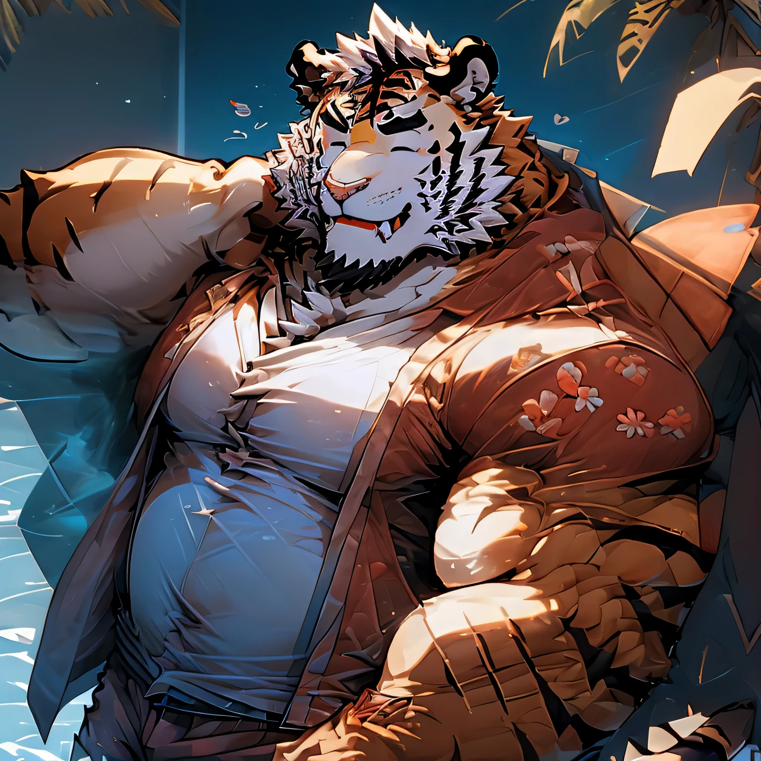 alone, smile, short hair, shirt, navel, animal ears, flower, male focus, open clothing, shorts, water, stomach, tree, open shirt, muscular, scar, sunglasses, pecs, muscular male, red shirt bara, belly, big pecs, chubby, eye scar, face scar, furry, hairy male, hawaiian shirt, male swimsuit, palm tree, scar on arm, tiger, tiger ears, wading, white fur , flower necklace, ,eyes closed,