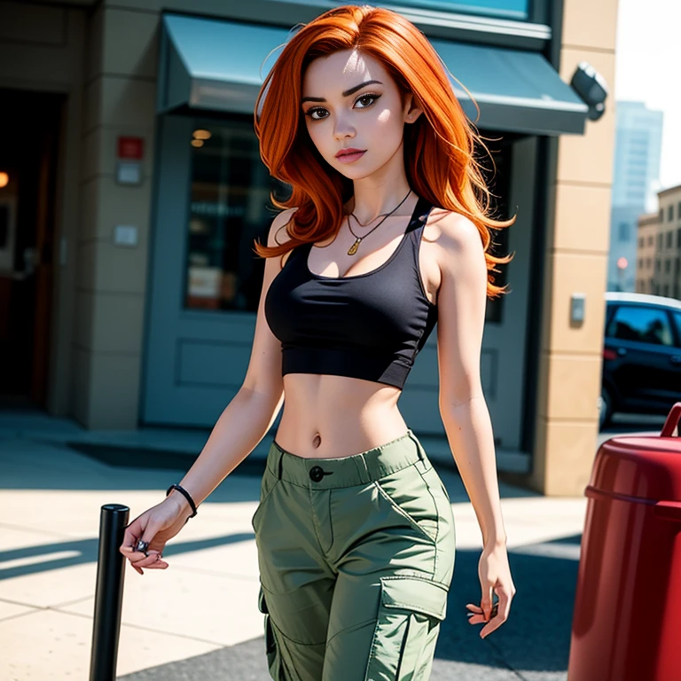 Masterpiece, best quality, detailed face, Kim Possible, black tank top, midriff, cleavage, walking, cargo pants, black shoes, red hair, looking at viewer, sexy smirk, in a city