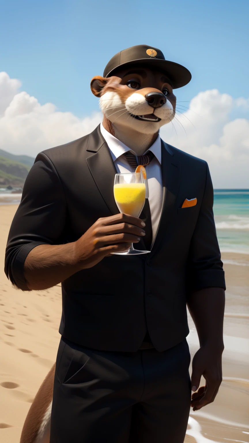 An adult man in his 30s wearing an anthropomorphic otter fur suit, alone outdoors at the bottom of a beach having a mimosa in a glass, sonrisa malvada, pelaje de color cafe claro, con una playera negra y un short negro, con una gorra color blanco con rojo
