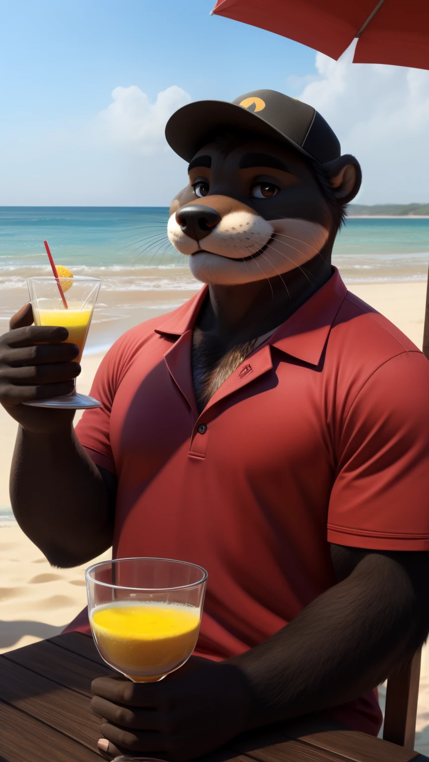 An adult man in his 30s wearing an anthropomorphic otter fur suit, alone outdoors at the bottom of a beach having a mimosa in a glass, sonrisa malvada, pelaje de color cafe claro, con una camiseta sin manga color negra y un short negro, con una gorra color blanco con rojo