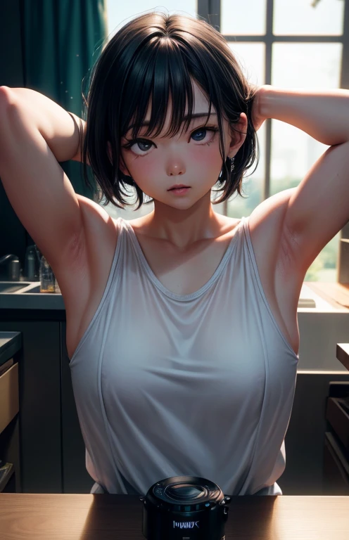 (((Masterpiece))), (((portrait))), Kujou Sara, diffused light, dynamic shadows, sharp focus, realistic, detailed, highres, absurdres, white background, no bra, photorealistic, lifelike, wet, mascara, blushing, sleeveless, youthful appearance, pee stain, white panties, armpits