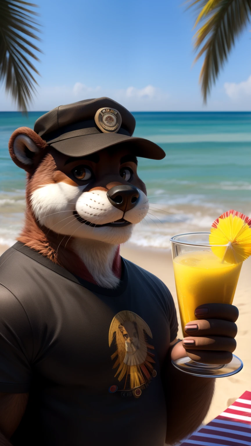 An adult man in his 30s wearing an anthropomorphic otter fur suit, alone outdoors at the bottom of a beach having a mimosa in a glass, sonrisa malvada, cara de desquiciado y con hambre de poder, pelaje de color cafe claro, con una camiseta sin manga color negra y un short negro, ((gorra color blanco y rojo)), cielo rosado