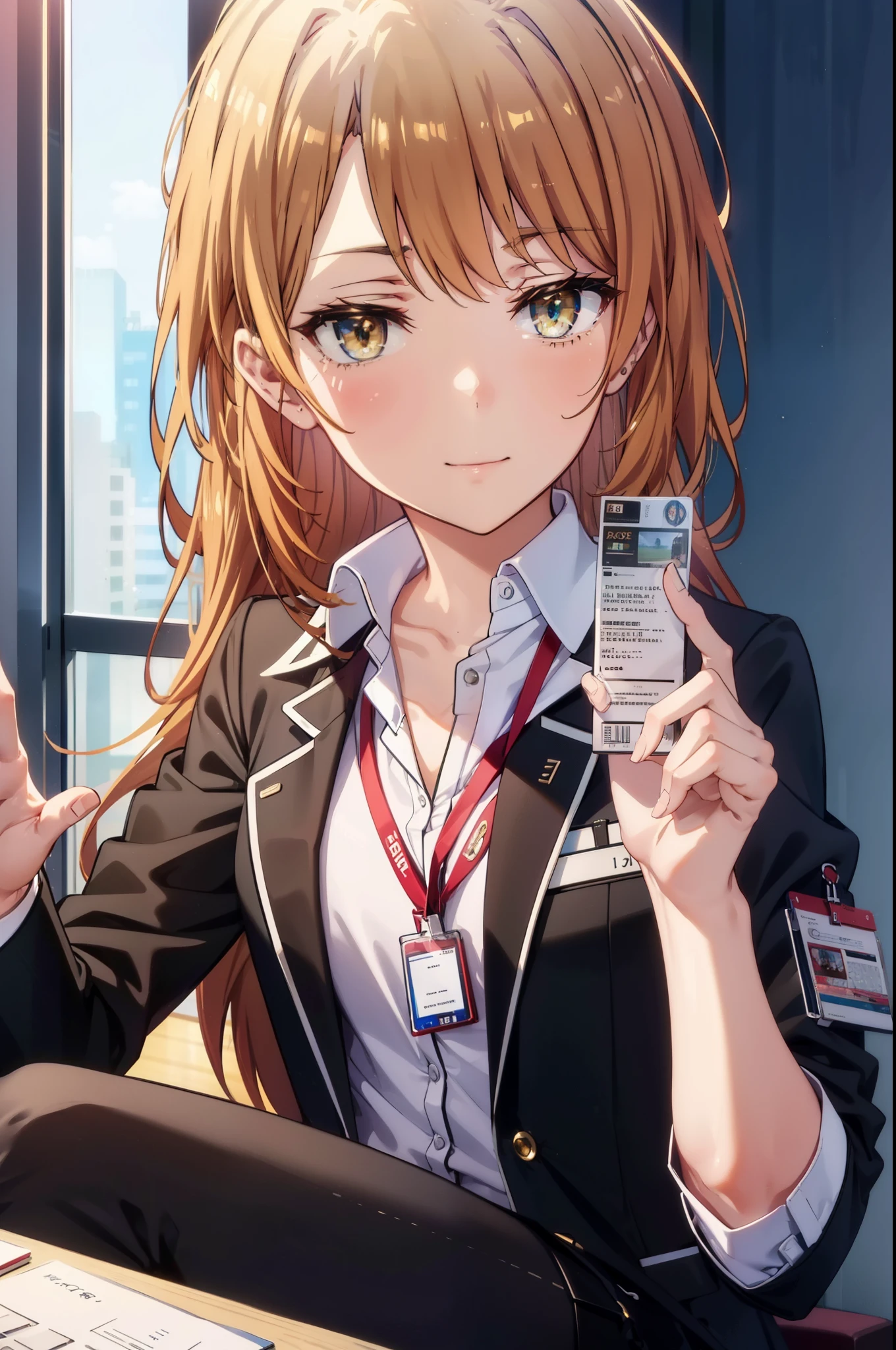 irohaisshiki, iroha isshiki, long hair, brown hair, (brown eyes:1.5), happy smile, smile, open your mouth,OL, red glasses, end, black suit jacket, collared jacket, white dress shirt, collared shirt, neckline, button, strap, ID card on neck, black pencil skirt, black pantyhose, stiletto heels,There is a computer on the desk.,sitting cross-legged on a chair,interior,昼
break indoors, office,
break looking at viewer,(cowboy shot:1. 5)
break (masterpiece:1.2), highest quality, High resolution, unity 8k wallpaper, (figure:0.8), (detailed and beautiful eyes:1.6), highly detailed face, perfect lighting, Very detailed CG, (perfect hands, perfect anatomy),