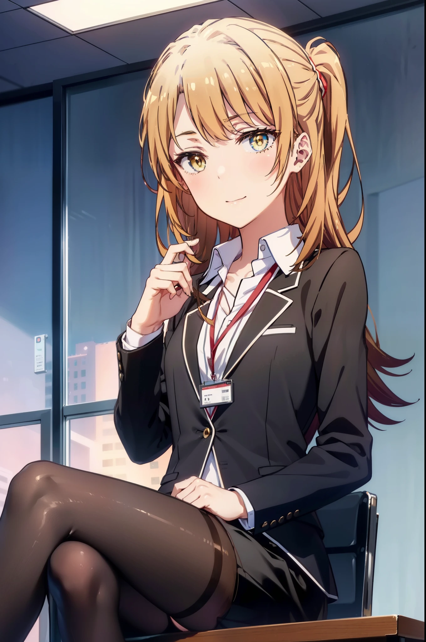 irohaisshiki, iroha isshiki, long hair, brown hair, (brown eyes:1.5), happy smile, smile, open your mouth,OL, red glasses, end, black suit jacket, collared jacket, white dress shirt, collared shirt, neckline, button, strap, ID card on neck, black pencil skirt, black pantyhose, stiletto heels,There is a computer on the desk.,sitting cross-legged on a chair,interior,昼
break indoors, office,
break looking at viewer,(cowboy shot:1. 5)
break (masterpiece:1.2), highest quality, High resolution, unity 8k wallpaper, (figure:0.8), (detailed and beautiful eyes:1.6), highly detailed face, perfect lighting, Very detailed CG, (perfect hands, perfect anatomy),