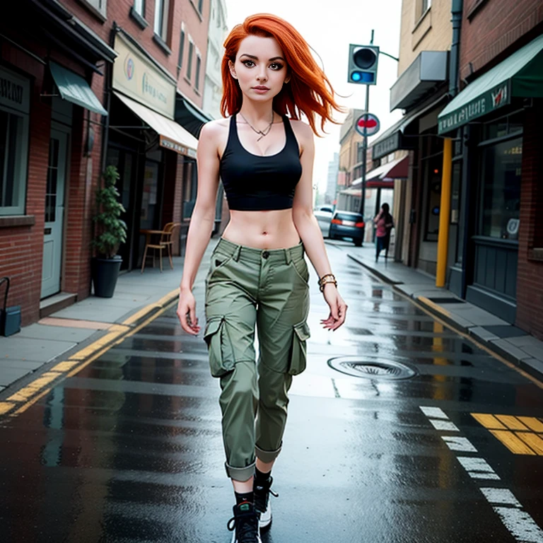 Masterpiece, best quality, detailed face, Kim Possible, black tank top, midriff, cleavage, walking, cargo pants, black shoes, red hair, looking at viewer, sexy smirk, in a city