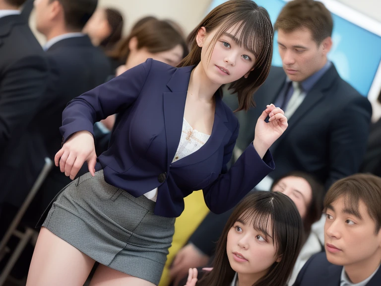 new employee、wearing a business suit、take off jacket、underwear is visible、(everyone is watching),surrounded by a crowd、conference room、Stand in front of the board、(Medium chest,Short tight skirt:1.3)、(unpleasant、sad、sad、shed tears、Shyness:1.2),publish one'chest of、Awards Platform、take care of、Correct your posture、upright、あなたchest ofを見せてください、(correct body、unpleasant感なし)、(cute顔),(It is the man who is caressed.....,My are touched、expose the nipples,take off your clothes:1.4)、(well balanced、Cute、cute、beautiful woman,Well-formed、well-groomed face)
