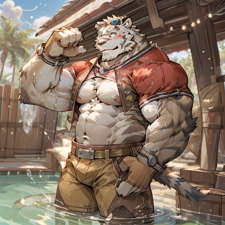 alone, smile, short hair, shirt, navel, animal ears, flower, male focus, open clothing, shorts, water, stomach, tree, open shirt, muscular, scar, sunglasses, pecs, muscular male, red shirt bara, belly, big pecs, chubby, eye scar, face scar, furry, hairy male, hawaiian shirt, male swimsuit, palm tree, scar on arm, tiger, tiger ears, wading, white fur , flower necklace,