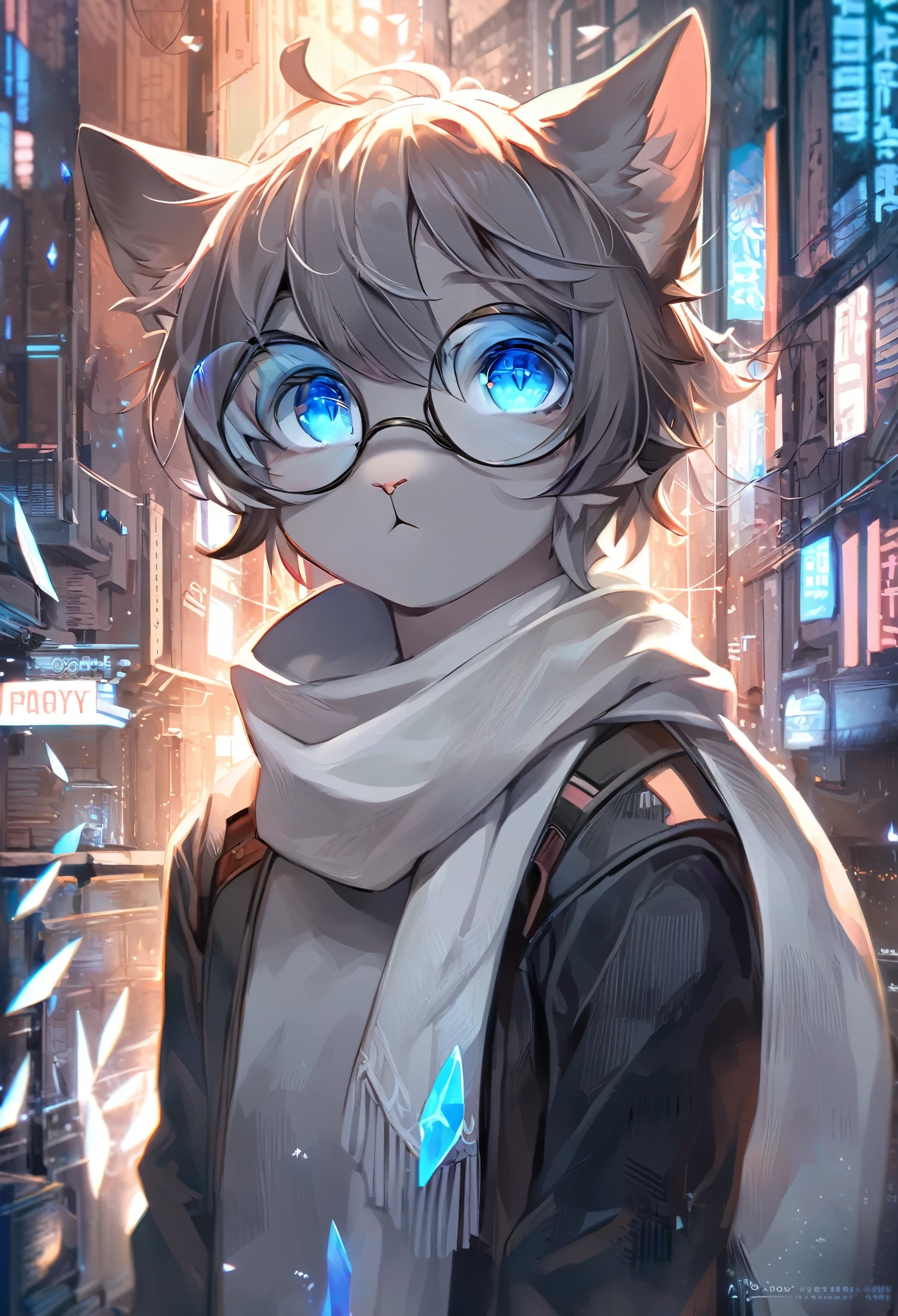 Highest quality, delicate painting style, delicate hook line, masterpiece, delicate skin, delicate hair, complete painting, masterpiece, delicate hands, delicate eyes, normal eyes, gray cat ears, furry, black frame round glasses, blue eyes, handsome, ((white scarf)), cat style, Shota, cyberpunk, blue pupils, city night view, gray crystal wings, mottled light and shadow, boy, bright eyes of God. , crystal shards in the air, cities, gray fur