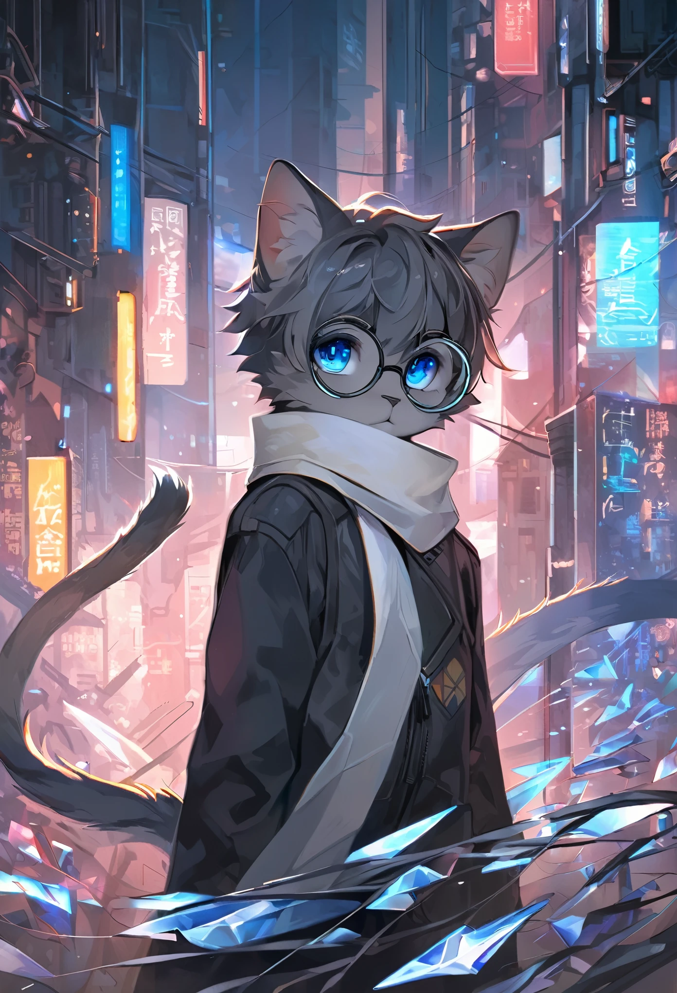 Highest quality, delicate painting style, delicate hook line, masterpiece, delicate skin, delicate hair, complete painting, masterpiece, delicate hands, delicate eyes, normal eyes, gray cat ears, furry, black frame round glasses, blue eyes, handsome, ((white scarf)), cat style, Shota, cyberpunk, blue pupils, city night view, gray crystal wings, mottled light and shadow, boy, bright eyes of God. , crystal shards in the air, cities, gray fur
