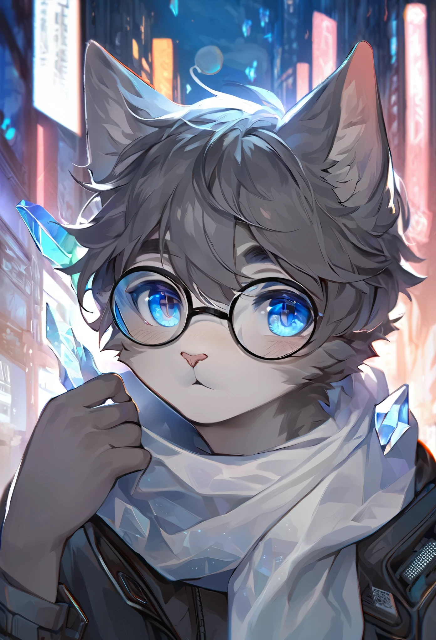 Highest quality, delicate painting style, delicate hook line, masterpiece, delicate skin, delicate hair, complete painting, masterpiece, delicate hands, delicate eyes, normal eyes, gray cat ears, furry, black frame round glasses, blue eyes, handsome, ((white scarf)), cat style, Shota, cyberpunk, blue pupils, city night view, gray crystal wings, mottled light and shadow, boy, bright eyes of God. , crystal shards in the air, cities, gray fur