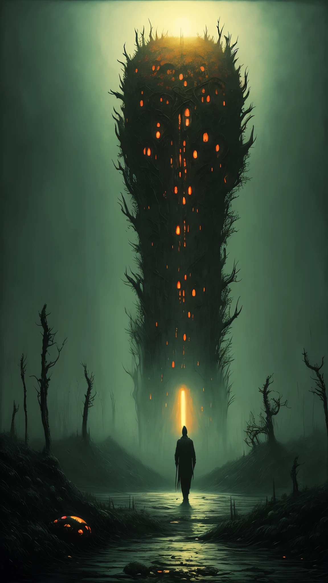 uncanny surreal artwork by (zdzislaw beksinski, BIOPUNK HORROR), a hauting scene,Dark, horror, minimalistic composition, glow, strange,