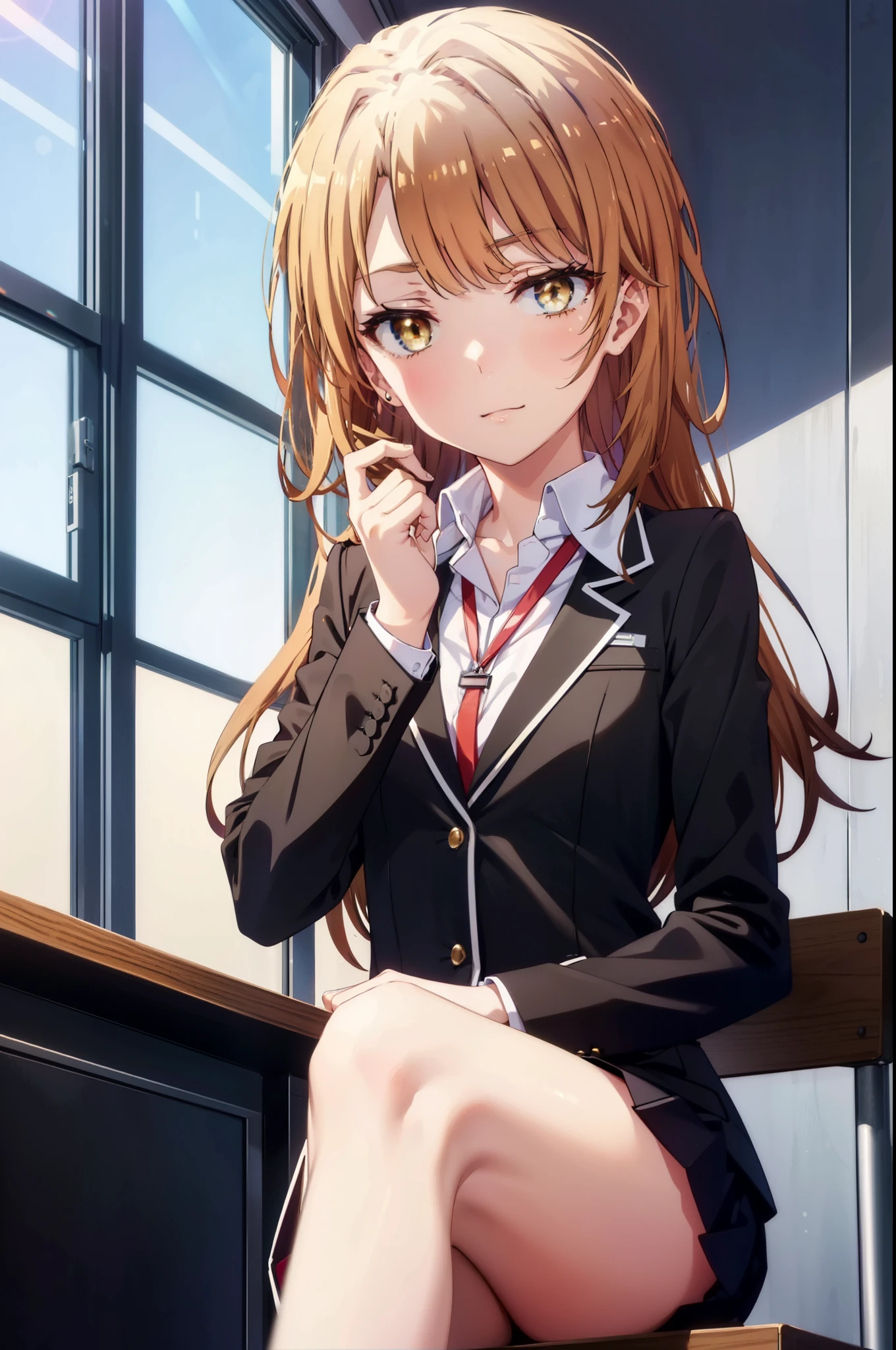 irohaisshiki, Iroha Isshiki, Long Hair, Brown Hair, (Brown eyes:1.5), Pink hair band ,Hair between the eyes, happy smile, smile, Open your mouth,OL, Akagi glasses, Black suit jacket, Collared jacket, White dress shirt, Collared shirt, Neckline, button, Black pencil skirt, Black Pantyhose,Stiletto heels,sitting cross-legged on a chair,There is a computer on the table,touch typing,whole bodyがイラストに入るように,Daytime,快晴
break indoors, オフィス
break looking at viewer, whole body, (Cowboy Shot:1. 5)
break (masterpiece:1.2), highest quality, High resolution, unity 8k wallpaper, (shape:0.8), (Beautiful details:1.6), Highly detailed face, Perfect lighting, Highly detailed CG, (Perfect hands, Perfect Anatomy),