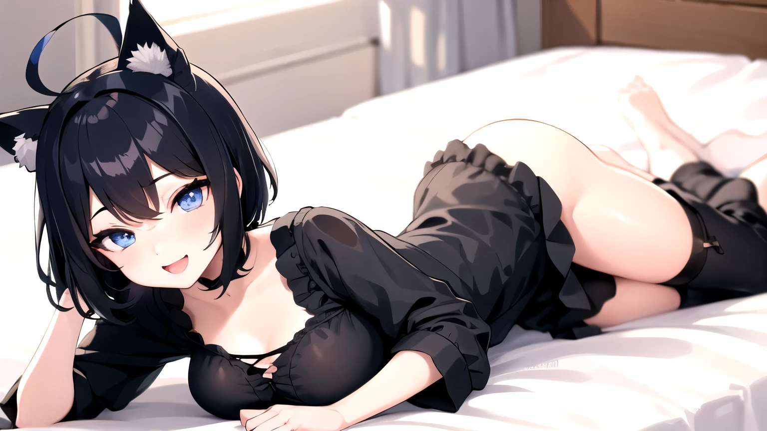 looking at the viewer, 1 girl, open your mouth, smile, Virtual YouTuber、with a girl、((highest quality, expensive_solve, clear_image)),(black hair), (black cat ears), (Ahoge), (ridiculously short hair), (wavy hair), (blue eyes)、very big breasts,I put on my loungewear、laughter、Valley view、Lay down、Background bedroom、on the bed、