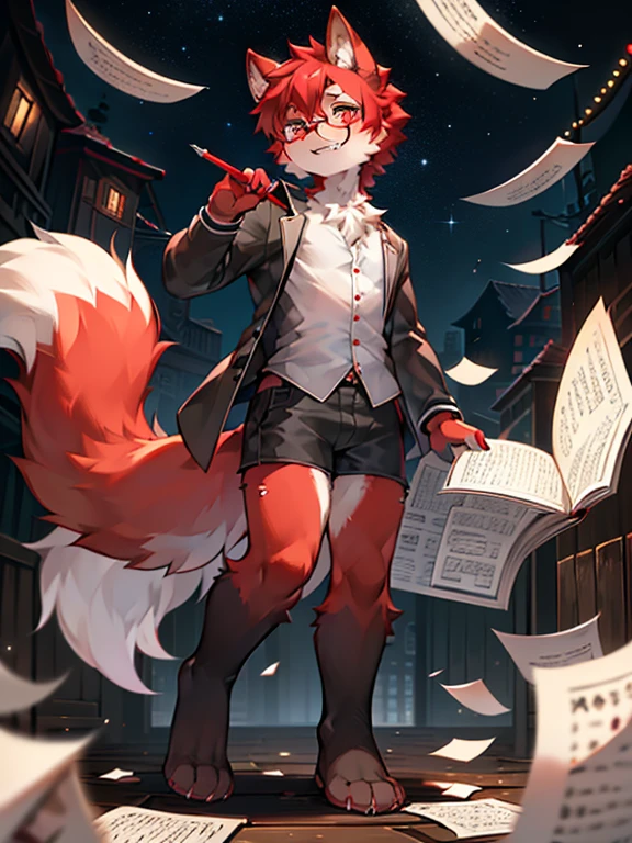 wear glasses,Red hair all over the body, male wolf,short hair, Bright Eyes,The eyes are gray,The tip of the tail is white,Meatballs Pink,hairy,hairy male ,Hana Charcoal,(Full body fur, hairy尾巴, red fur,),long canine teeth,Fluffy all over,Scattered paper,Scattered paper floated in the air,Lovely,Shota,writing,standing,Writer's Clothing,starlight,Star,moonlight,sparkling,Hold a pen in your hand,Show paws,Facial expression expectation,Do not expose your body or the area below your knees