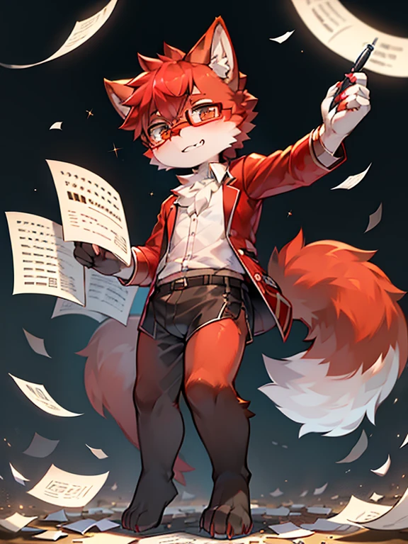 wear glasses,Red hair all over the body, male wolf,short hair, Bright Eyes,The eyes are gray,The tip of the tail is white,Meatballs Pink,hairy,hairy male ,Hana Charcoal,(Full body fur, hairy尾巴, red fur,),long canine teeth,Fluffy all over,Scattered paper,Scattered paper floated in the air,Lovely,Shota,writing,standing,Writer's Clothing,starlight,Star,moonlight,sparkling,Hold a pen in your hand,Show paws,Facial expression expectation,Do not expose your body or the area below your knees