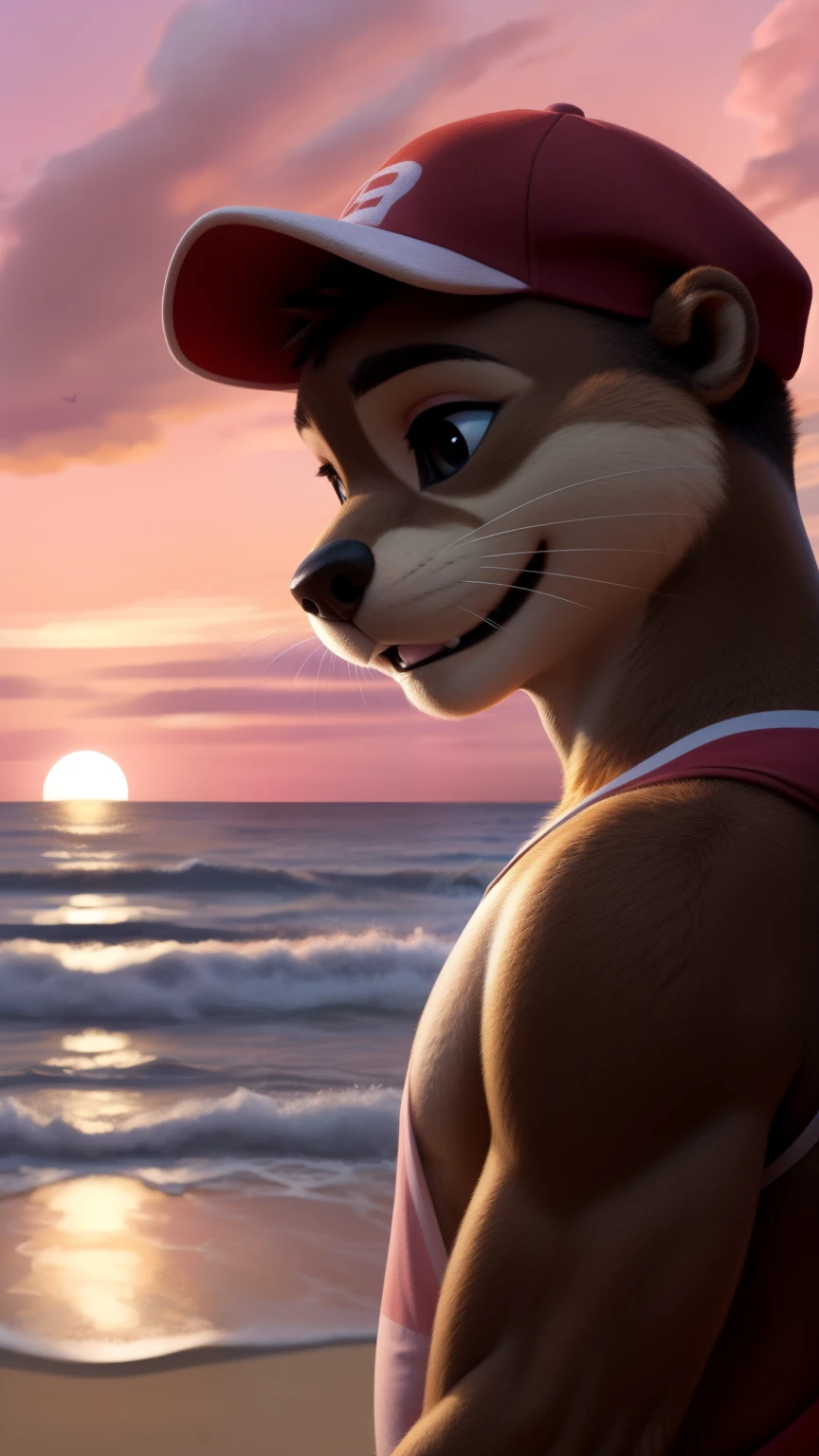 (An anthropomorphic male otter with light brown fur) ((calvo)), alone outdoors at the bottom of a beach having a mimosa in a glass, ((sonrisa malvada)), (cara enojada con risa malvada), boca abierta, ((con lentes de sol oscuros)), con una camiseta sin manga color negra y un short negro, ((White and red cap)), ((pink sky, pink clouds))