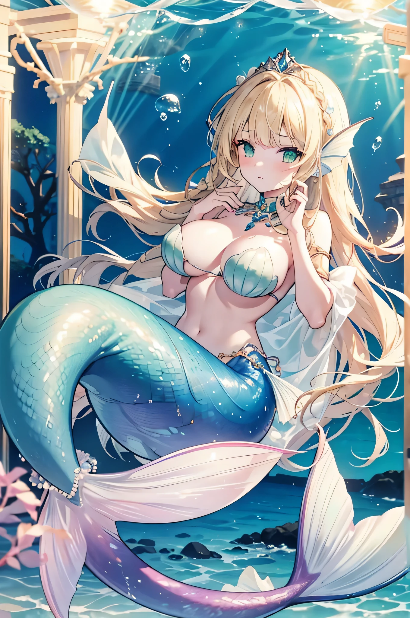 4k,High resolution,one woman,mermaid,blue scales,blonde,long hair,Braid,green eyes,big breasts,The Little Mermaid,seashell bra,Princess Tiara,large amount of jewelry decoration,A large amount of pearl decoration,In the sea,Undersea Temple