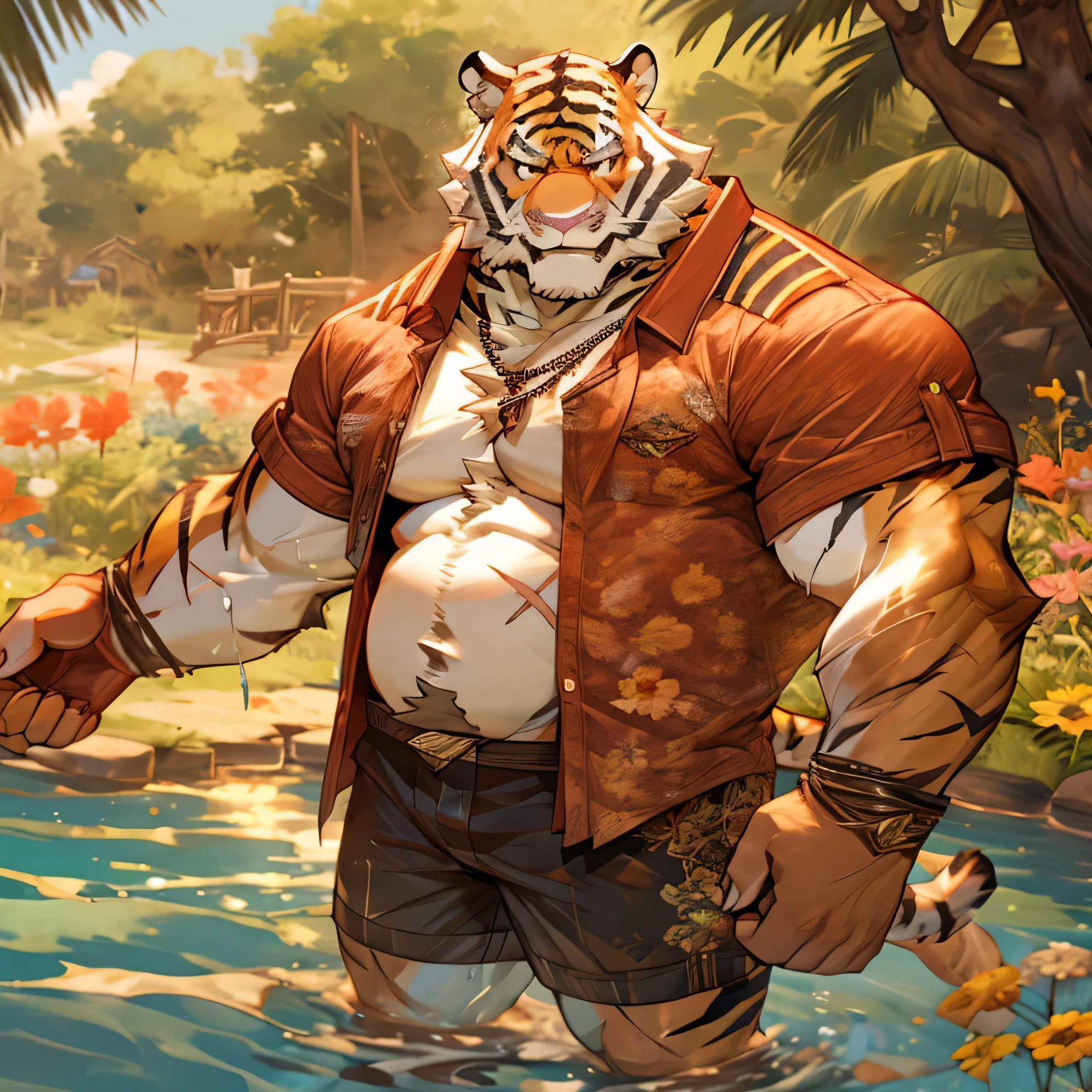 alone, smile, short hair, shirt, navel, animal ears, flower, male focus, open clothing, shorts, water, stomach, tree, open shirt, muscular, scar, sunglasses, pecs, muscular male, red shirt bara, belly, big pecs, chubby, eye scar, face scar, furry, hairy male, hawaiian shirt, male swimsuit, palm tree, scar on arm, tiger, tiger ears, wading, white fur , flower necklace,