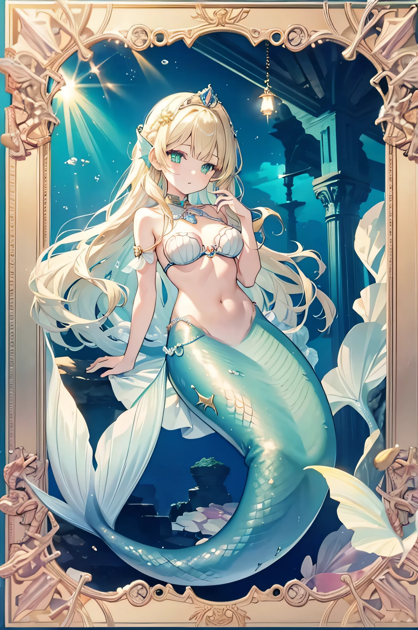 4k,High resolution,one woman,mermaid,blue scales,blonde,long hair,Braid,green eyes,big breasts,The Little Mermaid,seashell bra,Princess Tiara,Jewelry decoration,pearl decoration,In the sea,Undersea Temple