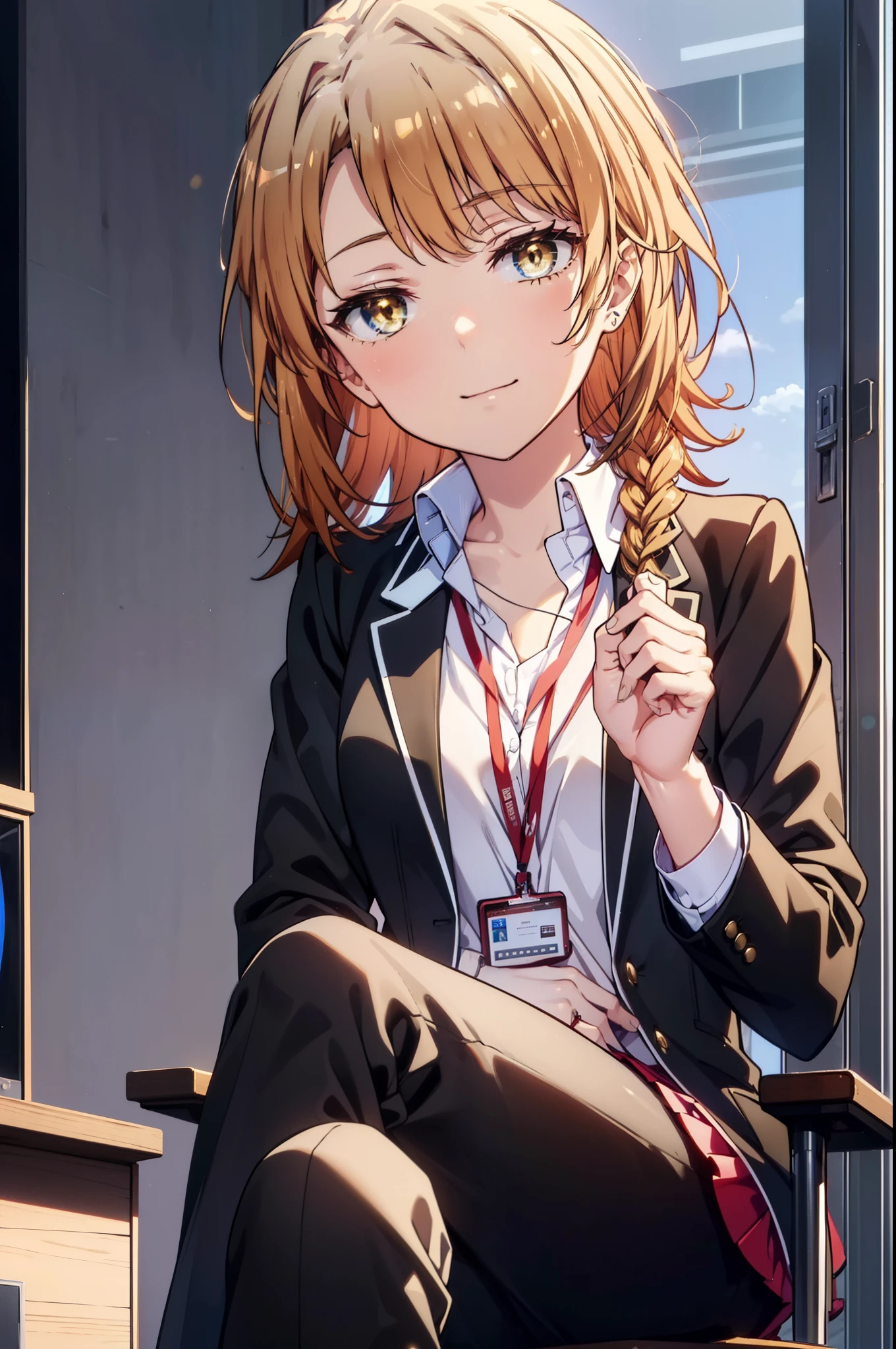 irohaisshiki, iroha isshiki, long hair, brown hair, (brown eyes:1.5), happy smile, smile, open your mouth,OL, Red glasses ponytail,short braided hair, black suit jacket, collared jacket, white dress shirt, collared shirt, neckline, button, strap, ID card on neck, black pencil skirt, black pantyhose, stiletto heels,There is a computer on the desk.,sitting cross-legged on a chair,interior,noon,Clear skies,window building street,
break indoors, office,
break looking at viewer,(cowboy shot:1. 5)
break (masterpiece:1.2), highest quality, High resolution, unity 8k wallpaper, (figure:0.8), (detailed and beautiful eyes:1.6), highly detailed face, perfect lighting, Very detailed CG, (perfect hands, perfect anatomy),
