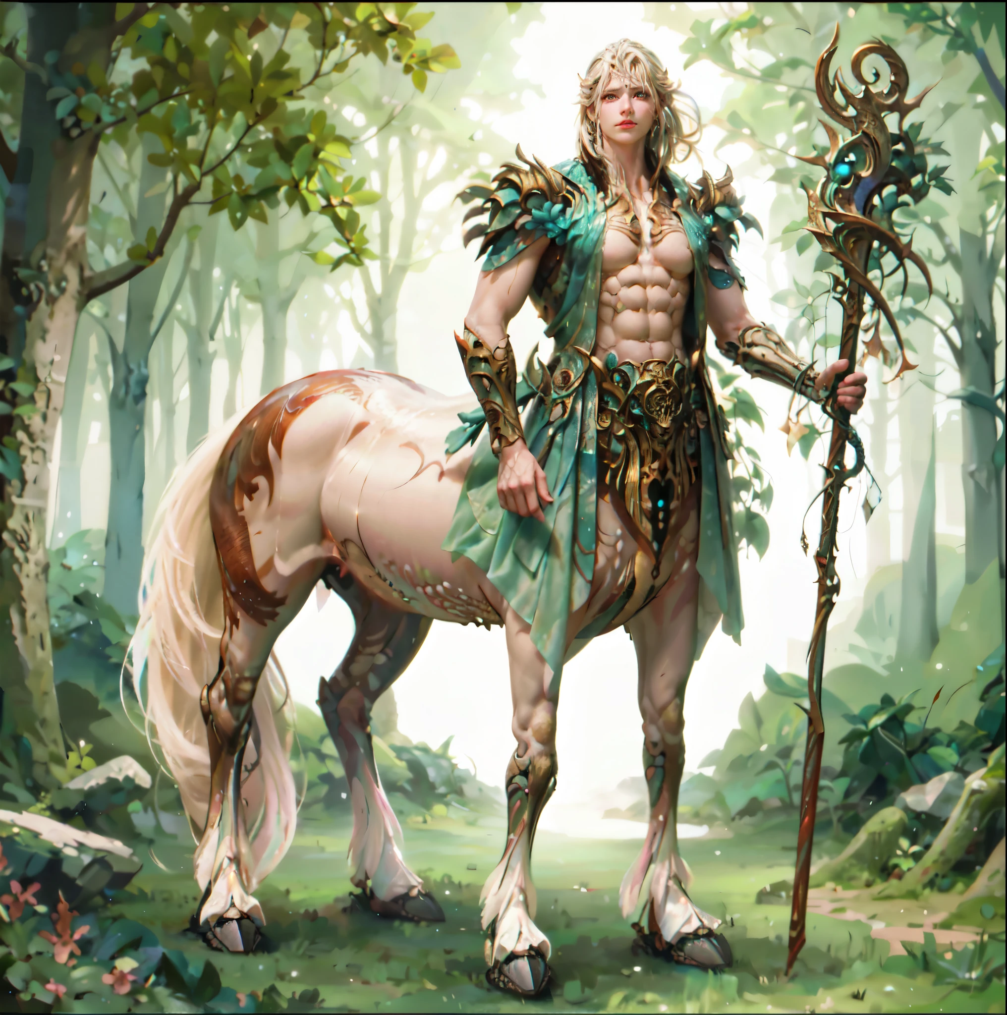 1Centaur Warrior,The background is clean and tidy,The character's face is exquisite and three-dimensional,Gao cold eyes,View, cyborg, , whole body, biology, glowing scales, ethereal background, mystical atmosphere, Colorful, complex patterns, atmosphere, ultra high resolution, (lifelike:1.4), original photo,16K,dramatic lighting,
