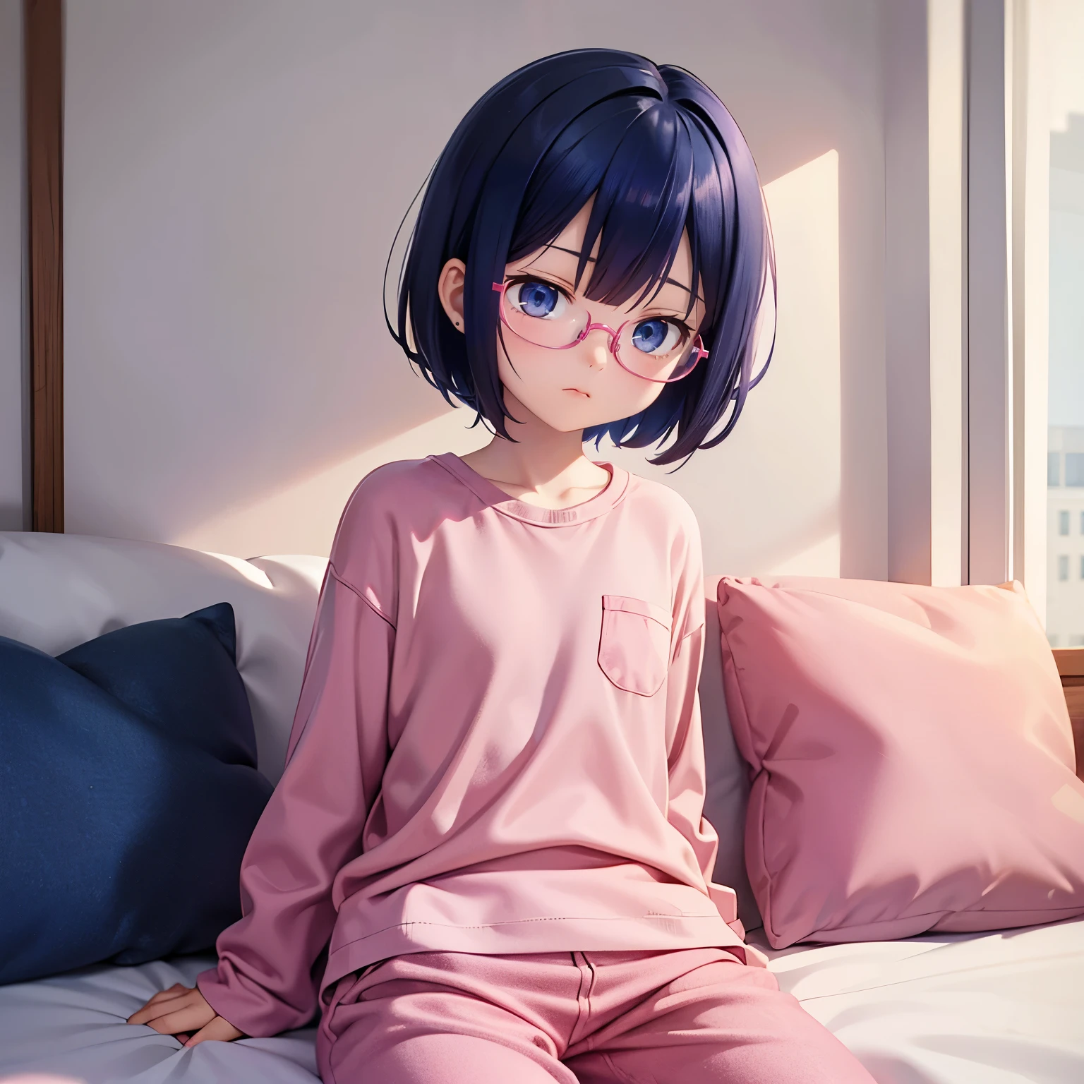 Dark blue hair, short hair, dark blue eyes, pink pajamas, red glasses, small, short, little, young, flat, room, emotionless, expressionless, , kuudere, pink pants, pink shirt