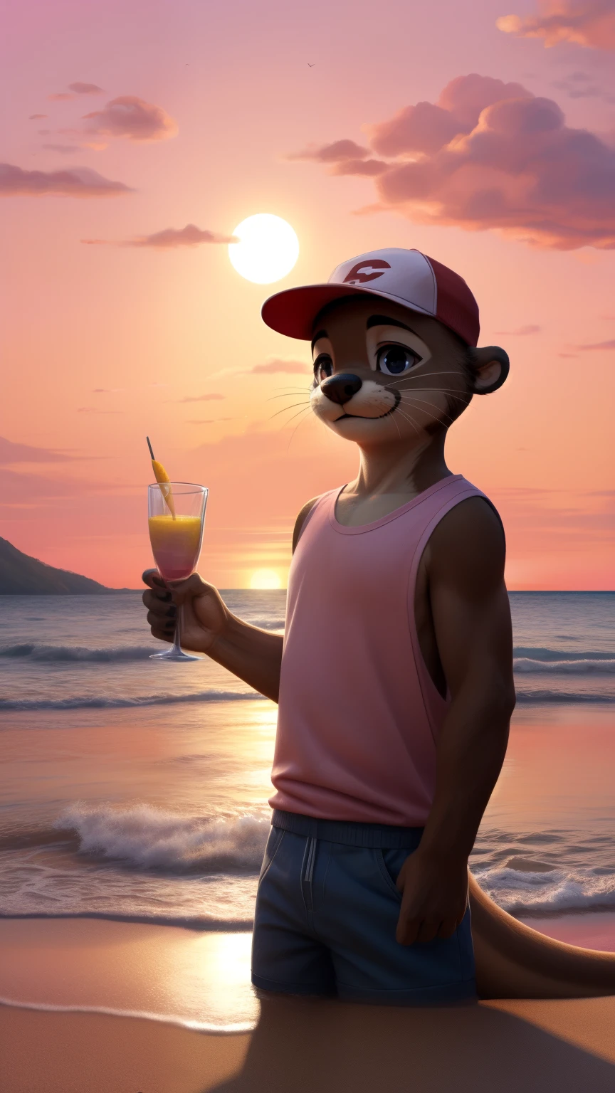 (An anthropomorphic male otter with light brown fur) ((calvo)), alone outdoors at the bottom of a beach having a mimosa in a glass, ((sonrisa malvada)), (cara enojada con risa malvada), boca abierta, ((con lentes de sol oscuros)), con una camiseta sin manga color negra y un short negro, ((White and red cap)), ((pink sky, pink clouds))