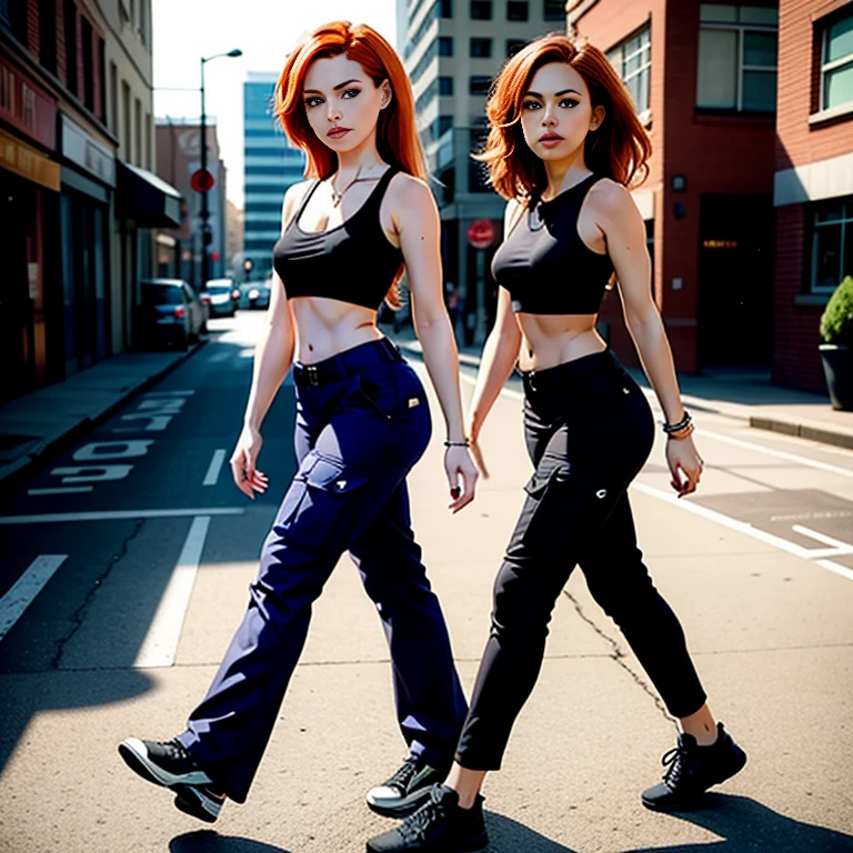 Masterpiece, best quality, detailed face, Kim Possible, black tank top, midriff, cleavage, walking, cargo pants, black shoes, red hair, looking at viewer, sexy smirk, in a city