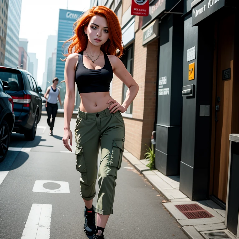 Masterpiece, best quality, detailed face, Kim Possible, black tank top, midriff, cleavage, walking, cargo pants, black shoes, red hair, looking at viewer, sexy smirk, in a city