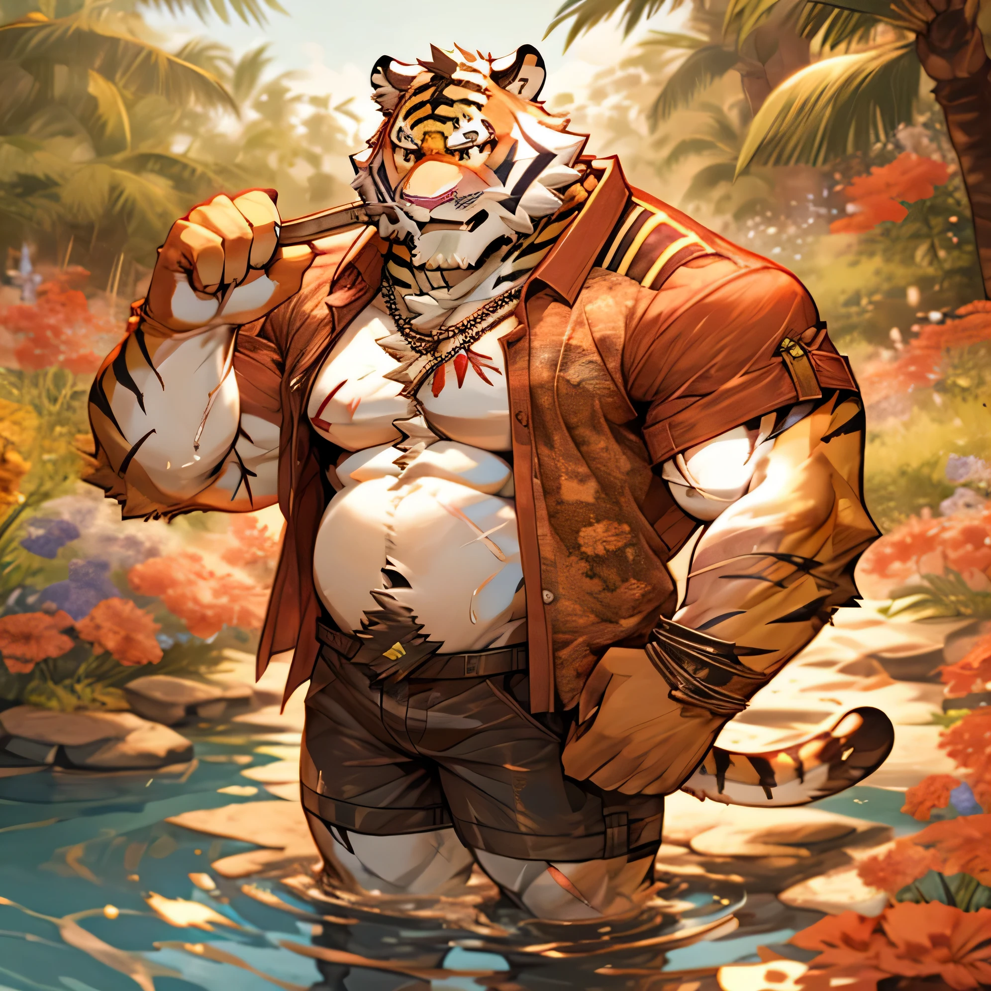 alone, smile, short hair, shirt, navel, animal ears, flower, male focus, open clothing, shorts, water, stomach, tree, open shirt, muscular, scar, sunglasses, pecs, muscular male, red shirt bara, belly, big pecs, chubby, eye scar, face scar, furry, hairy male, hawaiian shirt, male swimsuit, palm tree, scar on arm, tiger, tiger ears, wading, white fur , flower necklace,