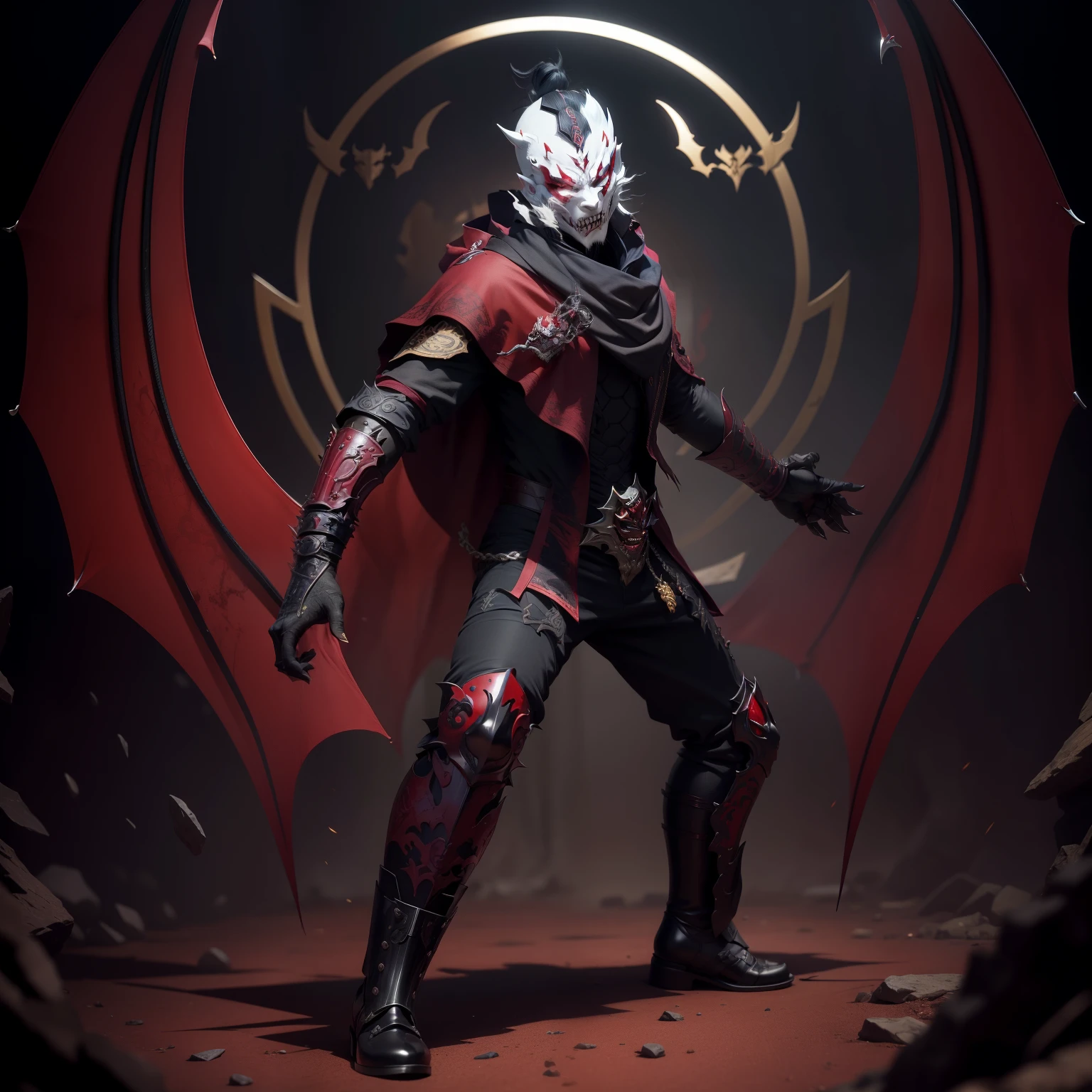 create maximum quality high sharpness respect details do not change clothing details do not change shoe details do not change pants details do not change the details of the cloak do not change the details of the “Hannya” mask maintain the proportion model Gladiator 8k Ultra do not distort the original details add Dracula wings stained in blood vampire elements pronounced nose "Hannya"