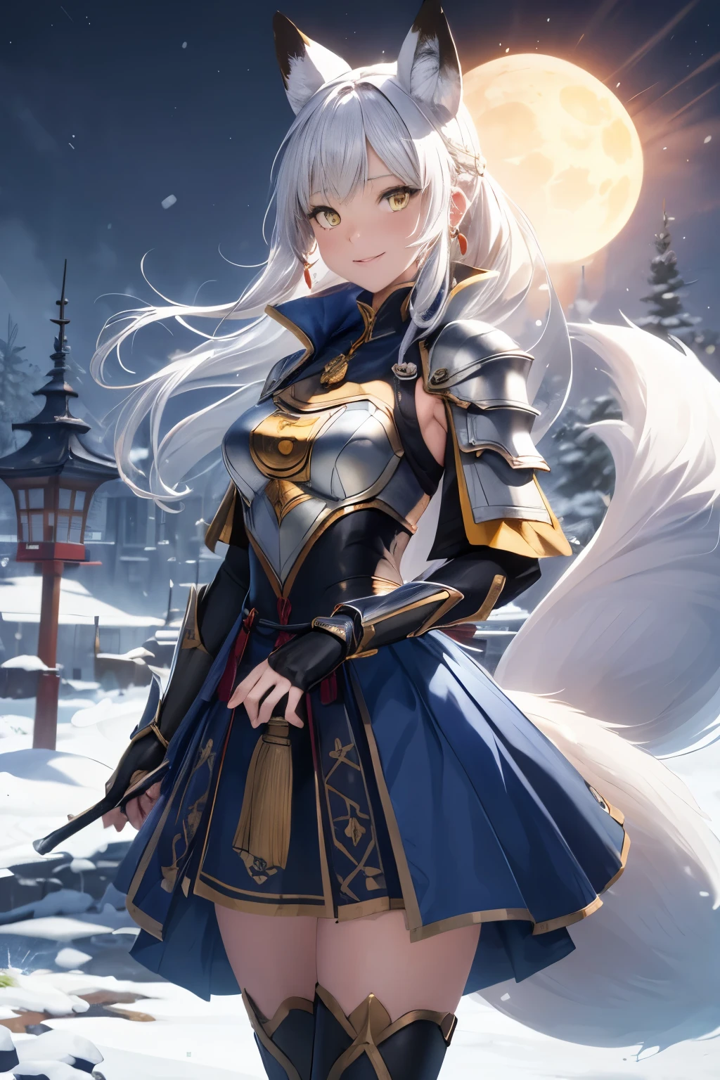 (master piece, best quality:1.2),
absurdres,
realistic,
vibrant colors,
(front light:1.4),
1 (attractive woman, platinum white very long hair:1.2),
BLARKY beautiful caucasian woman with very long straight white hair, (yellow eyes:1.4), fair skin, expressive face, attractive appearance, animal ear fluff, animal ears, bangs, blush, extra ears, (fox ears:0.7), fox girl, (fox tail:1.5), large breasts, (:1.3), (height 162 cm:1.3), attractive face, perfect body, kamisato ayaka, smile, blush, dynamic angle, dynamic pose, (fantasy background, ice castle), depth of field, ice saloon, ice staircase, moonlight, particle effect, snow whirlwind,
BREAK blue dress,
BREAK black breastplate,
BREAK chinesse style sword, glowing, snow storm, masterpiece background, award winning, (pixiv:1.4),
1girl solo, smile arm guards, armored dress, breastplate, japanese armor, hand fan, fingerless gloves, headpiece