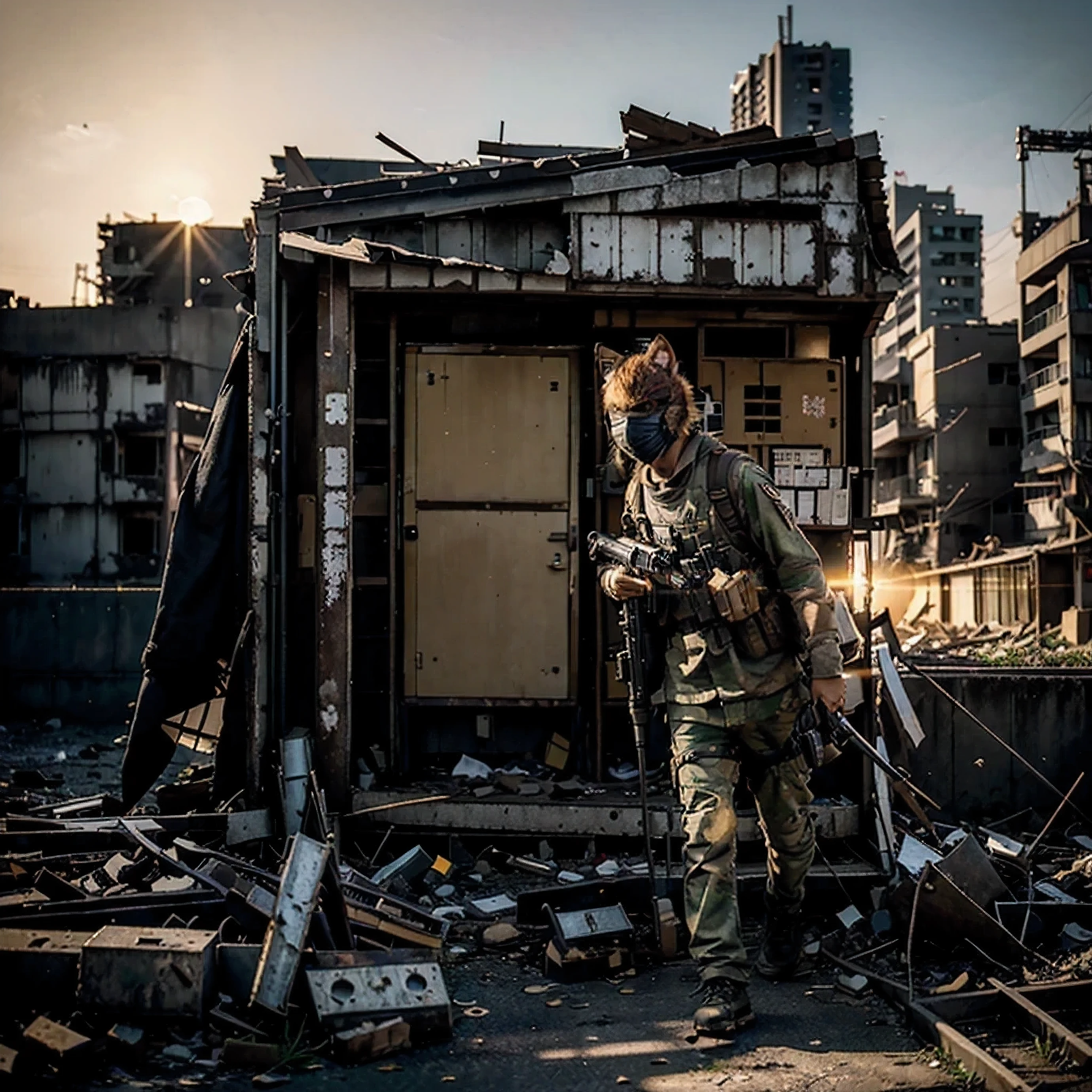 GROUND LEVEL VIEW, ultra detailed photo, A JAPANESE SOLDIER wearing a kitsune mask, 30 YEARS OLD, with a machine gun, WALK POSE, SUN RISE, STANDS ON STREET OF THE POST-APOCALYPSE RUINED AND DESTROYED TOKYO CITY, HOSTILE ENVIRONMENT, IMPACTFUL VISUAL DESTRUCTION, STYLE THE LAST OF US, outdoor PHOTO, CINEMATIC LIGHTING, PHOTOREALISTIC DETAILS, DYNAMIC SHADOWS ,ATMOSPHERIC EFFECTS, LIFELIKE TEXTURES, HIGH-DEFINITION, IMMERSIVE ENVIRONMENT, SUBTLE COLOR GRADING, AUTHENTIC ATMOSPHERE, DETAILED TEXTURES, GOLDEN HOUR, FANTASY, UNREAL ENGINE 5, ray tracing, award winning photo, MASTERPIECE photograpy, trending on artstation, HDR, UHD, 8K, BY NAUGHTY DOG
