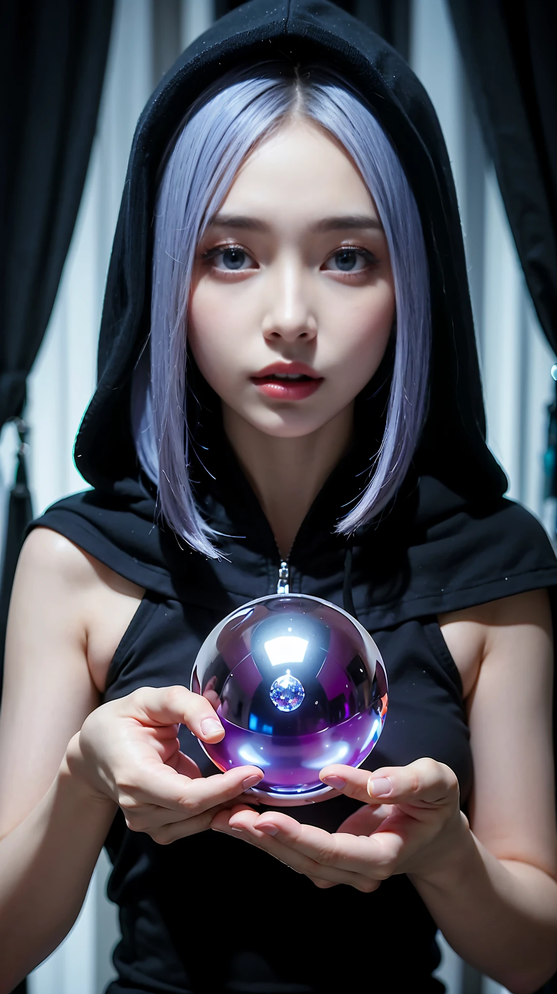 （and soul）（secondary elements）1 girl、blue hair、hair length、blue eyes、gradient eyes、sparkling eyes、bright pupils、finely tuned、expressive eyes、blue clothes、gem、blue lighting、blue theme、（form：1.5）、abstract、highest quality、Super detailed、(((Holding a crystal ball)))、8K,超realistic,(table top, highest quality) Daniela Dimitrescu, 1 female, looking for at Viewer, open your mouth, background, cleavage, real looking skin,jewelry, medium small breasts,  looking for, Upper body, flower, wing, hood, necklace, cape, good, compensate, bug, Lipstick, Inside the Black Cave, precious stone, pale skin, veil, hood up, realistic, black lips,超A high resolution,Purple Flame(Purple Effect)
