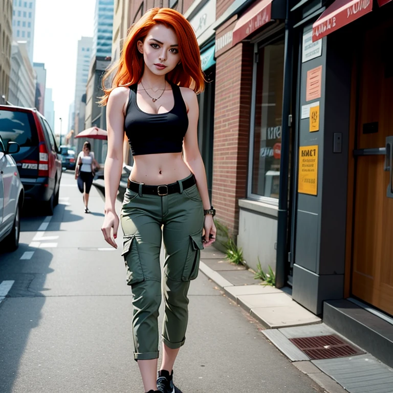 Masterpiece, best quality, detailed face, Kim Possible, black tank top, midriff, cleavage, walking, cargo pants, black shoes, red hair, looking at viewer, sexy smirk, in a city, perfect hands