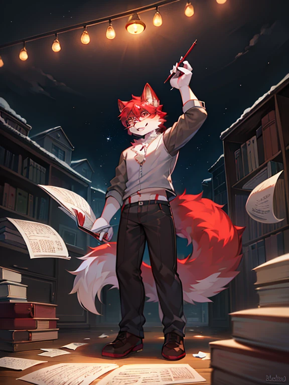 wear glasses,Red hair all over the body, male wolf,short hair, Bright Eyes,The eyes are gray,The tip of the tail is white,Just a single tail,Meatballs Pink,hairy,hairy male ,Hana Charcoal,(Full body fur, hairy尾巴, red fur,),long canine teeth,Fluffy all over,Scattered paper,Scattered paper floated in the air,Lovely,writing,standing,Nightcap,Sleeping Clothes,starlight,Star,moonlight,sparkling,Hold a pen in your hand,Facial expression expectation,Do not expose your body or the area below your knees