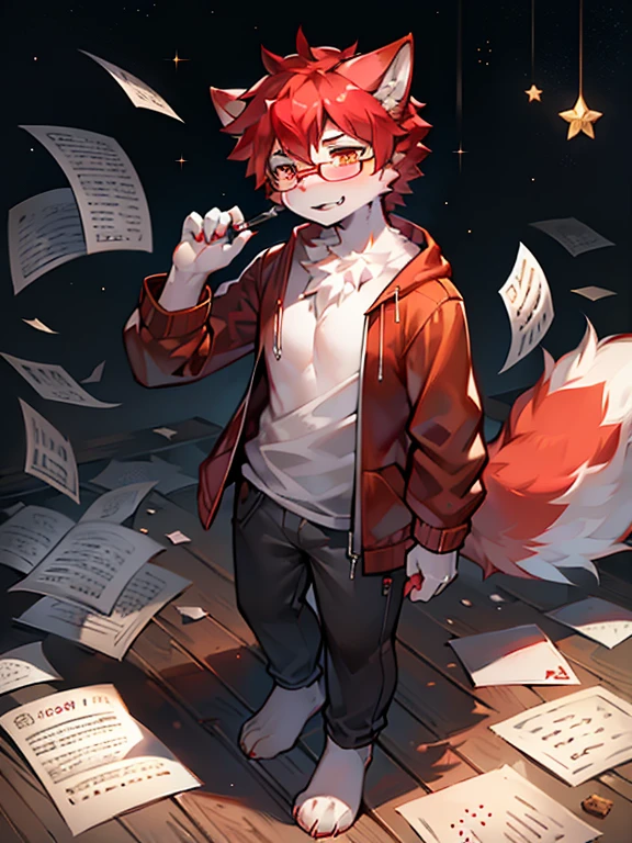 wear glasses,Red hair all over the body, male wolf,short hair, Bright Eyes,The eyes are gray，The tip of the tail is white，Just a single tail，Meatballs Pink,hairy,hairy male ,Hana Charcoal,(Full body fur, hairy尾巴, red fur,),long canine teeth，Fluffy all over，Scattered paper，Scattered paper floated in the air，Lovely，writing，standing，Nightcap，Sleeping Clothes，starlight，Star，moonlight，sparkling，Hold a pen in your hand，Facial expression expectation，Do not expose your body or the area below your knees
